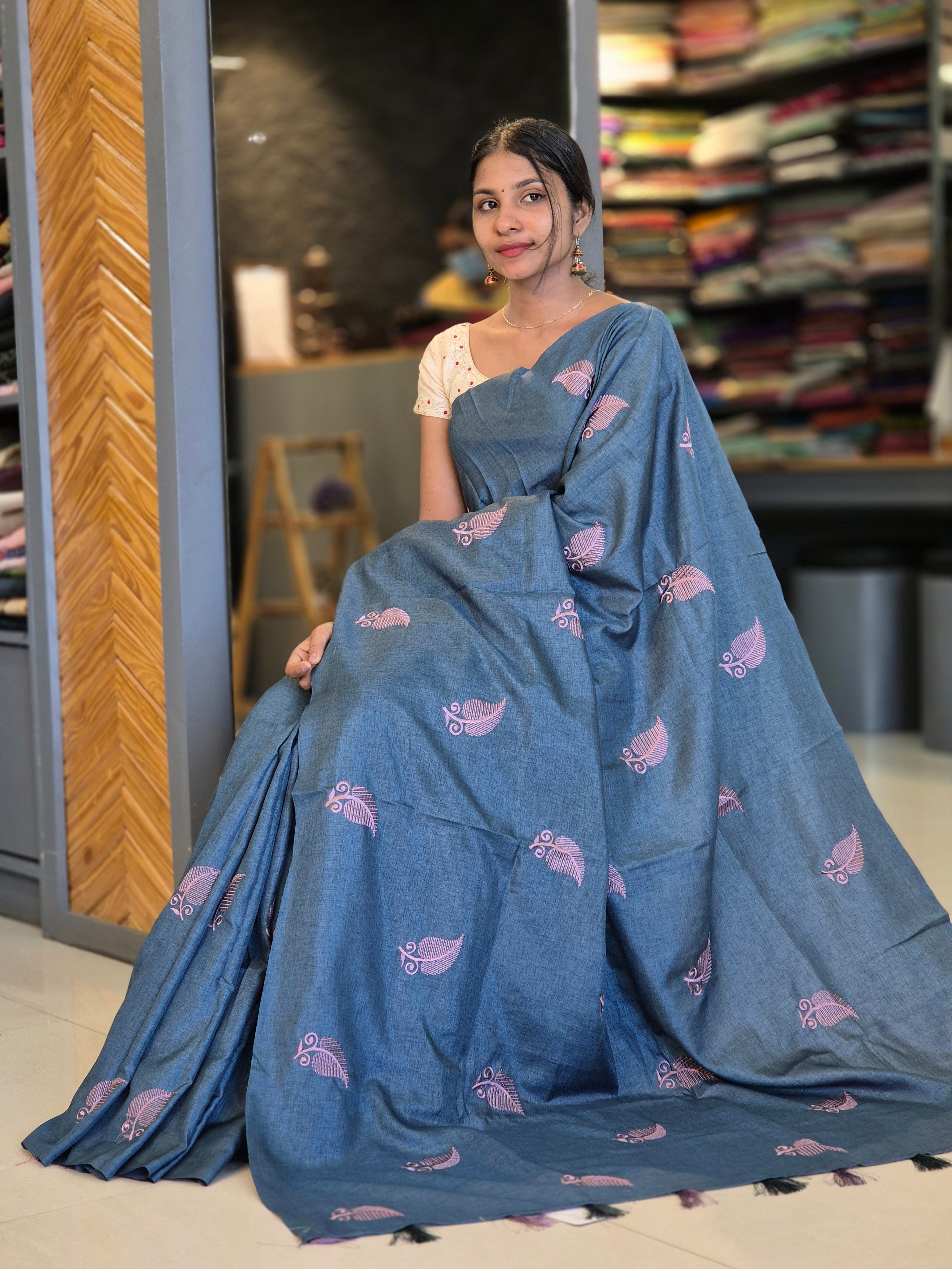 Machine Embroidery Semi Tussar Saree | SBP209