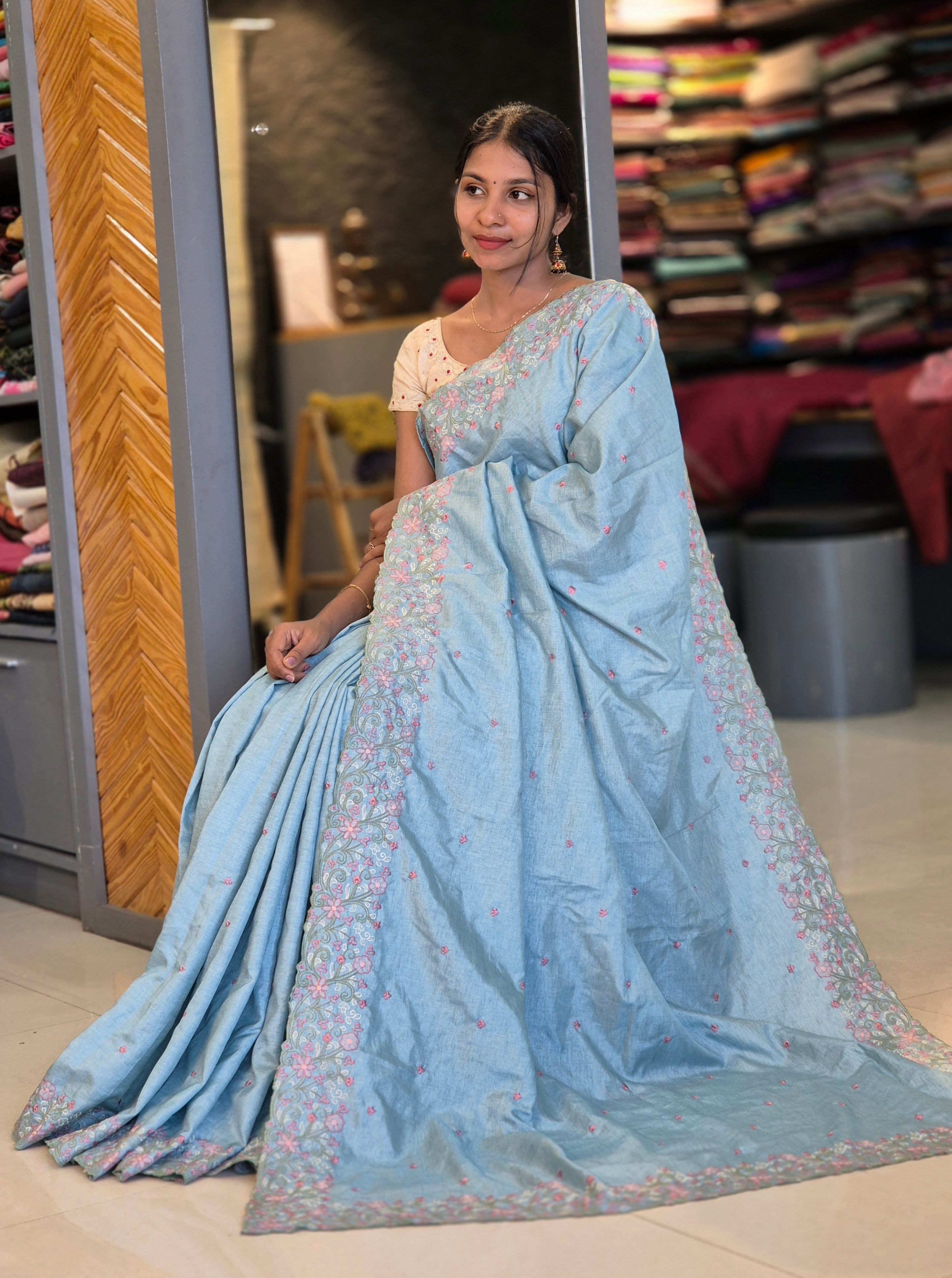 Machine Embroidery Semi Tussar Saree | SBP272