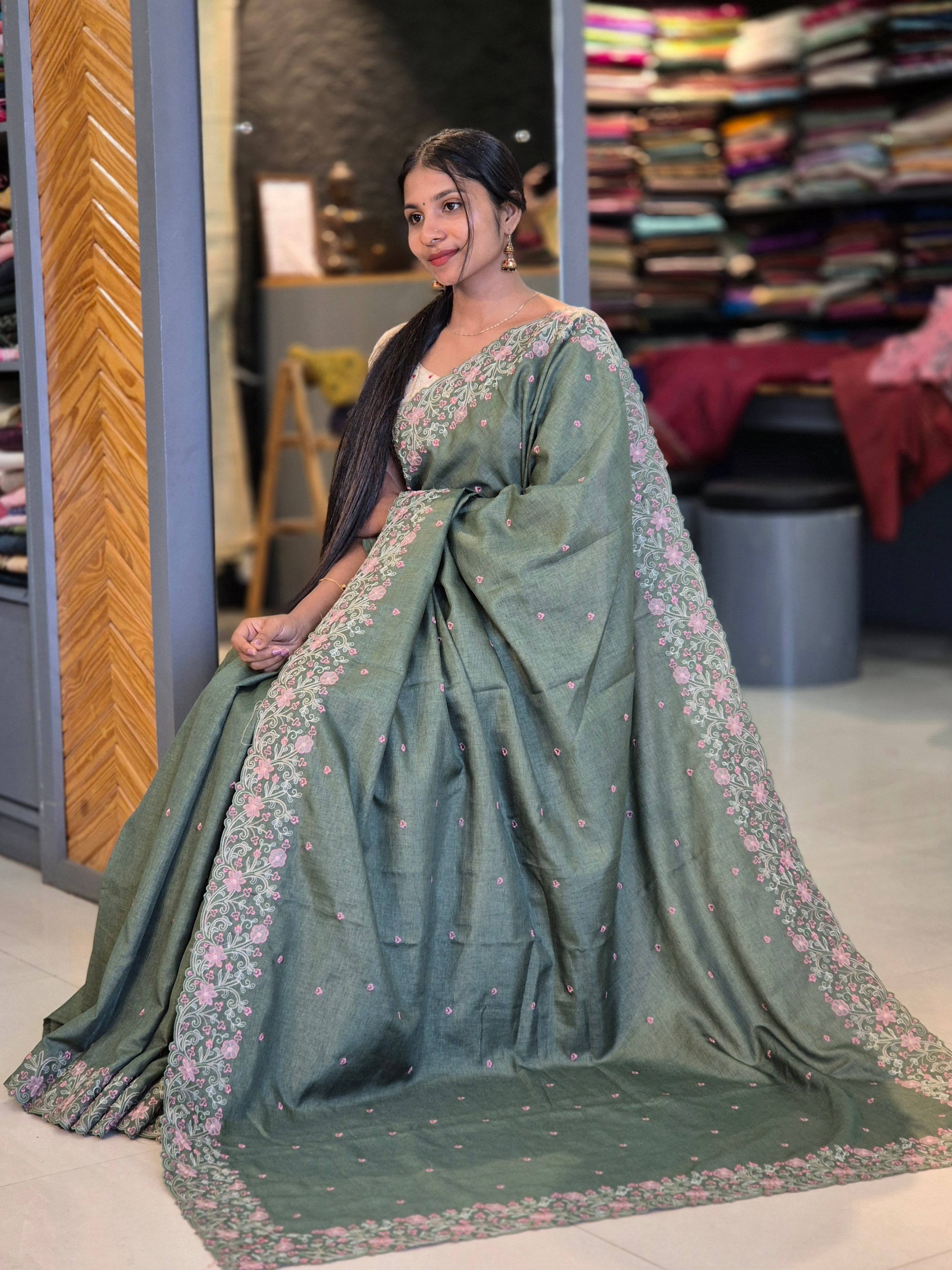 Machine Embroidery Semi Tussar Saree | SBP272