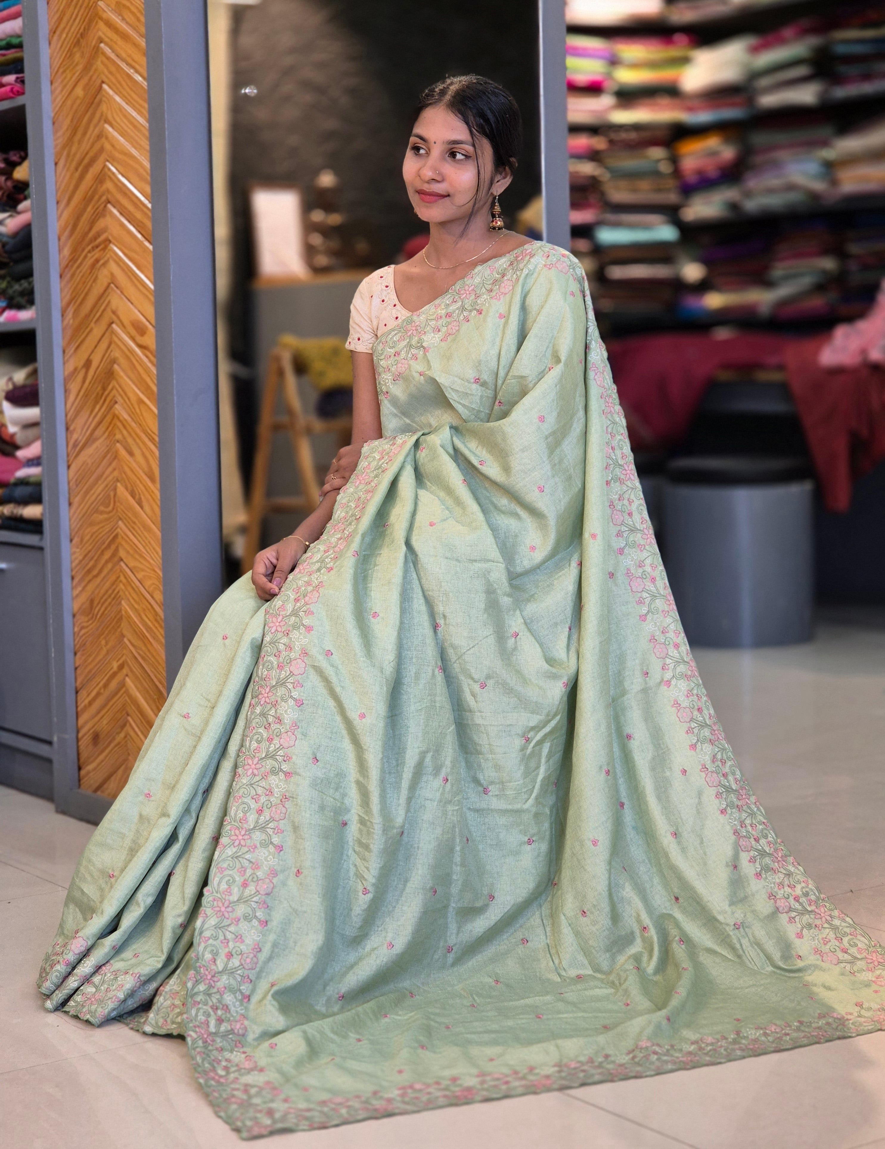 Machine Embroidery Semi Tussar Saree | SBP271