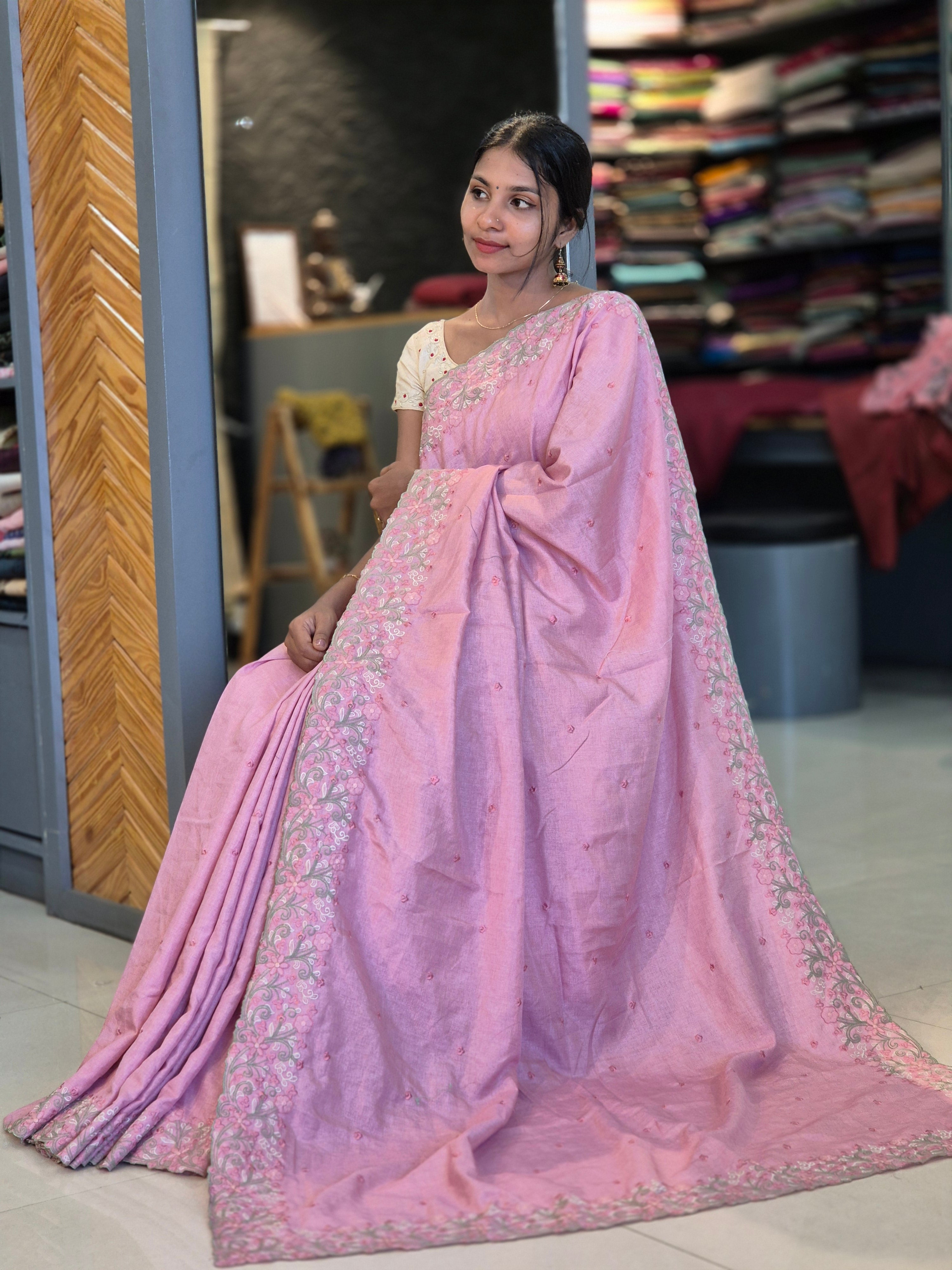 Machine Embroidery Semi Tussar Saree | SBP272