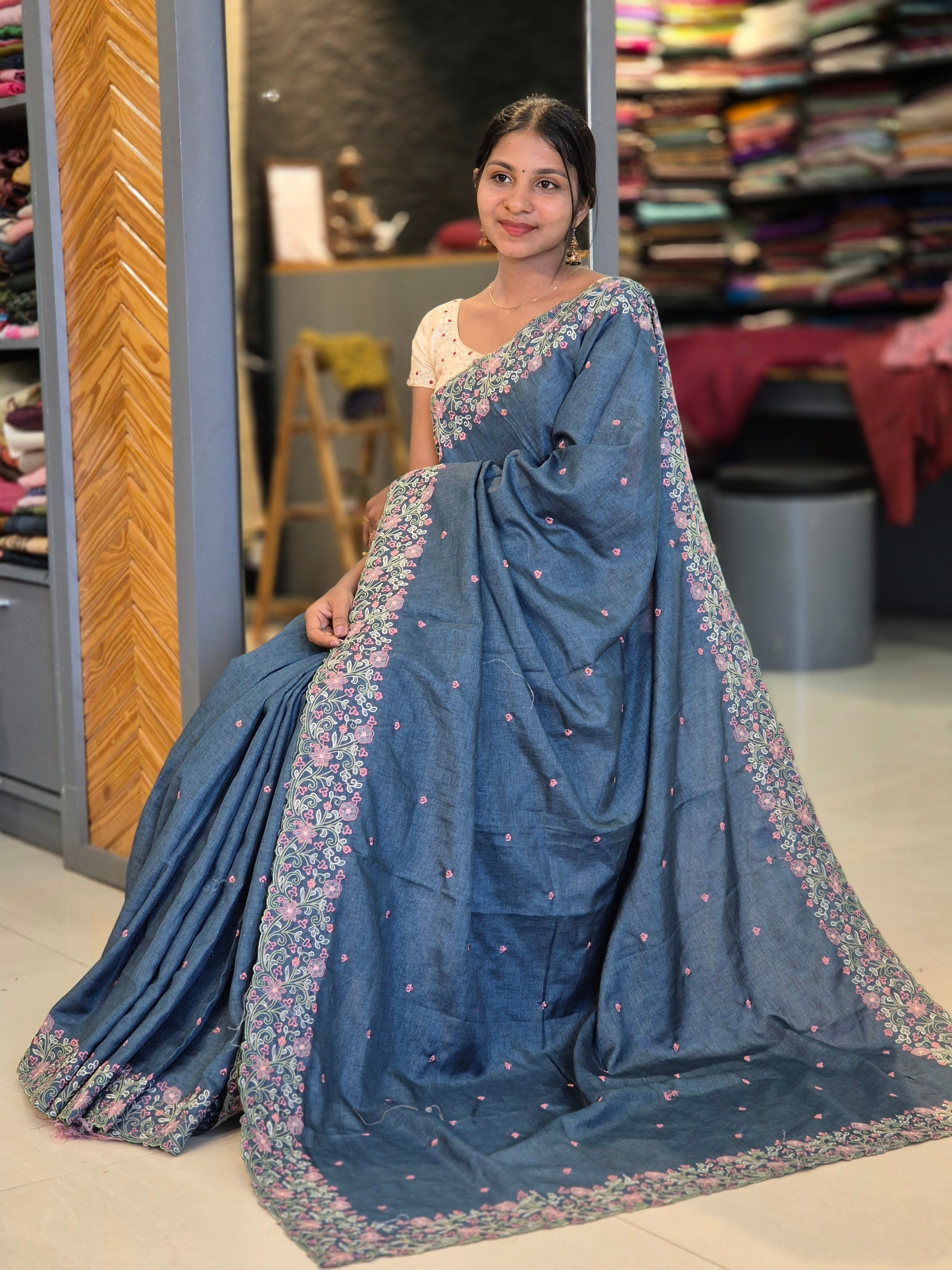 Machine Embroidery Semi Tussar Saree | SBP272