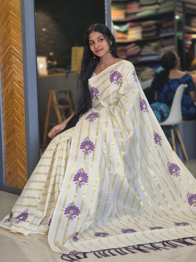 Stripe Weaving Kerala Cotton Saree | AHR449