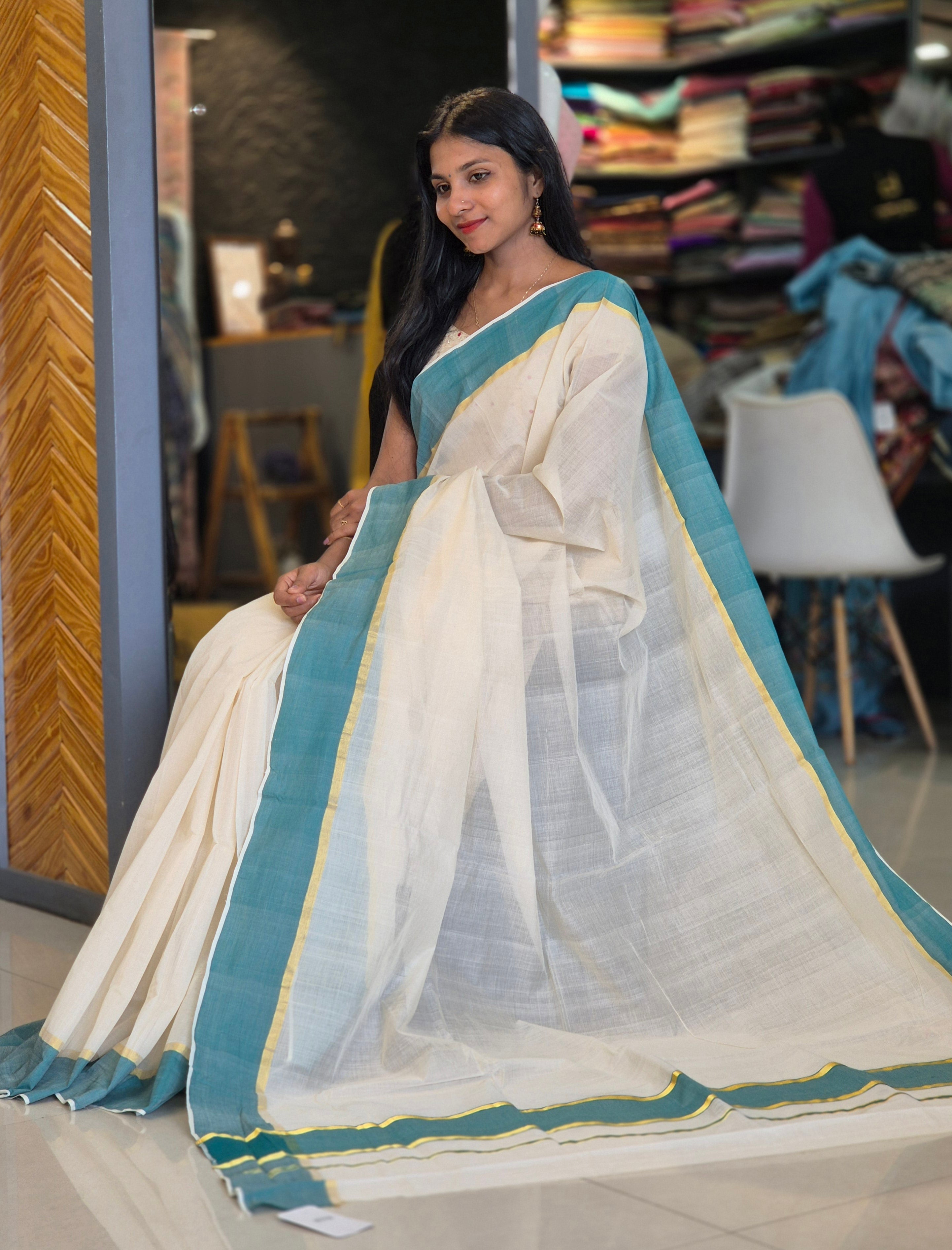 Multi Colour Border Kerala Cotton Saree | AHR444