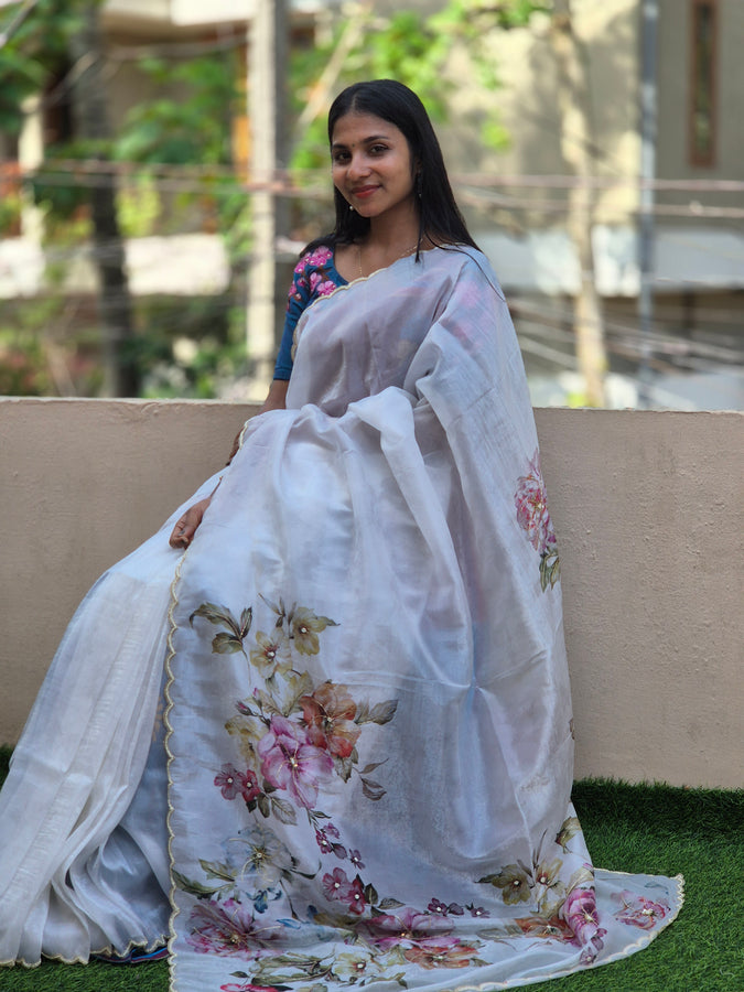 Floral Printed Nylon Organza Saree | BLD362