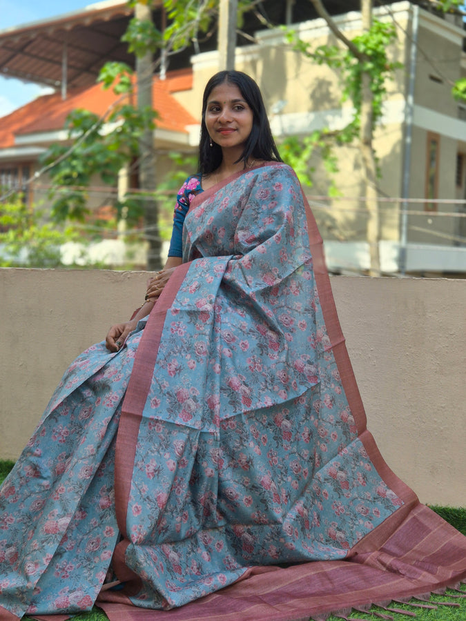 Floral Printed Tussar Finish Saree | GMS147