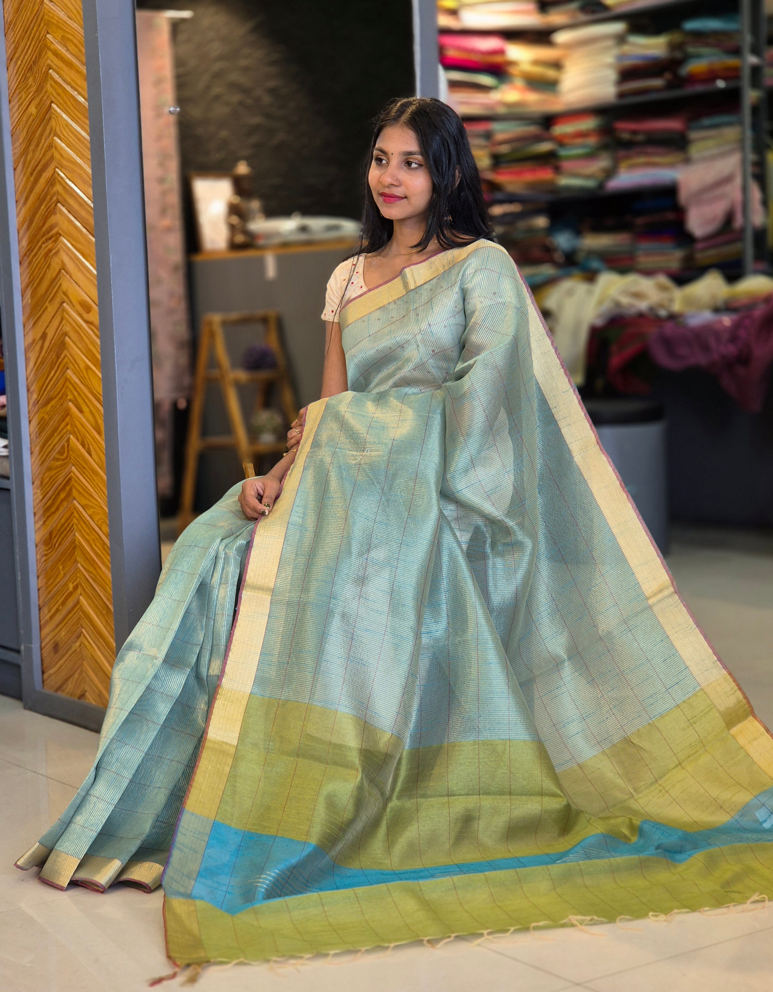 Golden Zari Striped Tussar Saree | AHR212