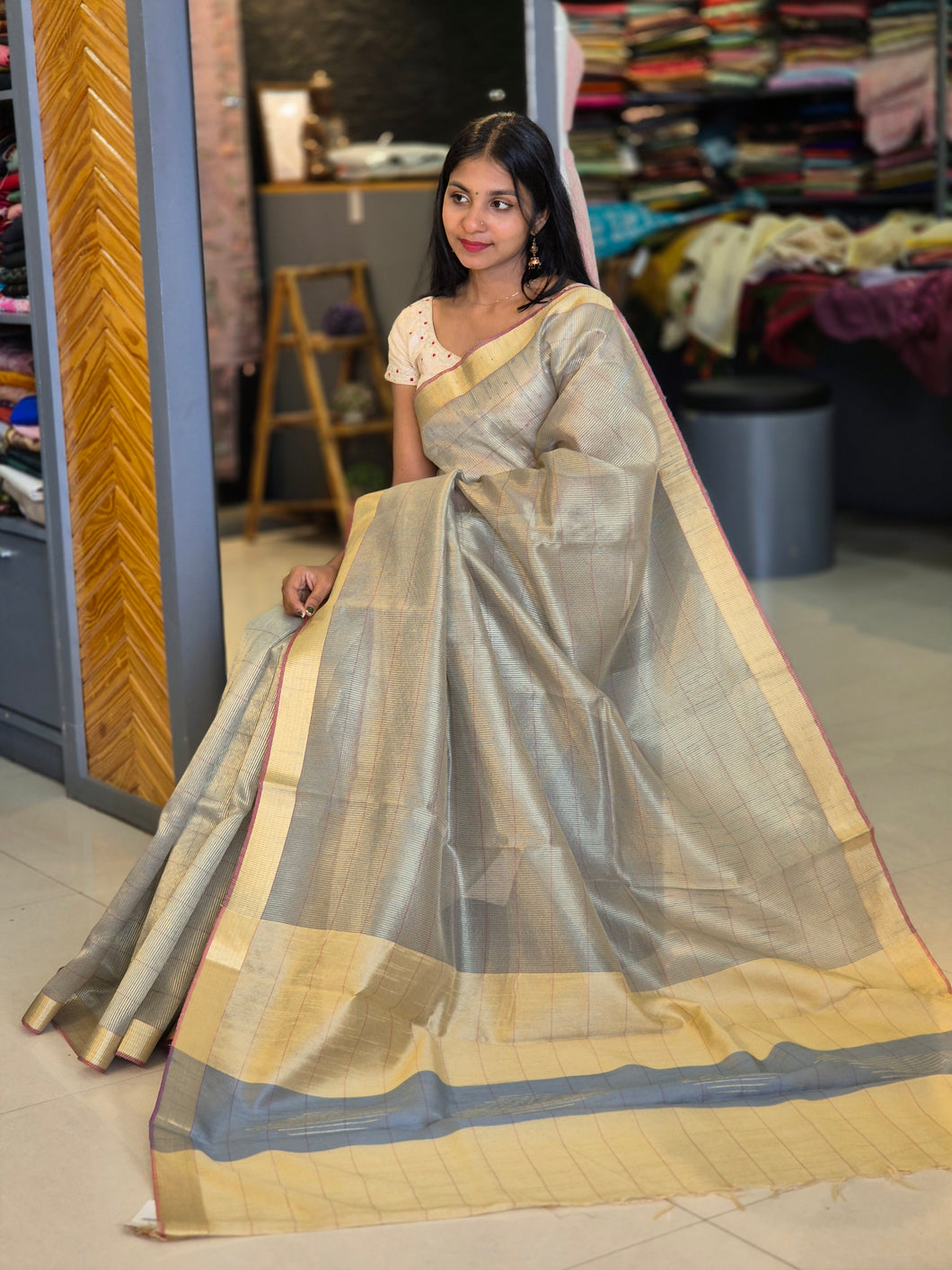 Golden Zari Striped Tussar Saree | AHR211