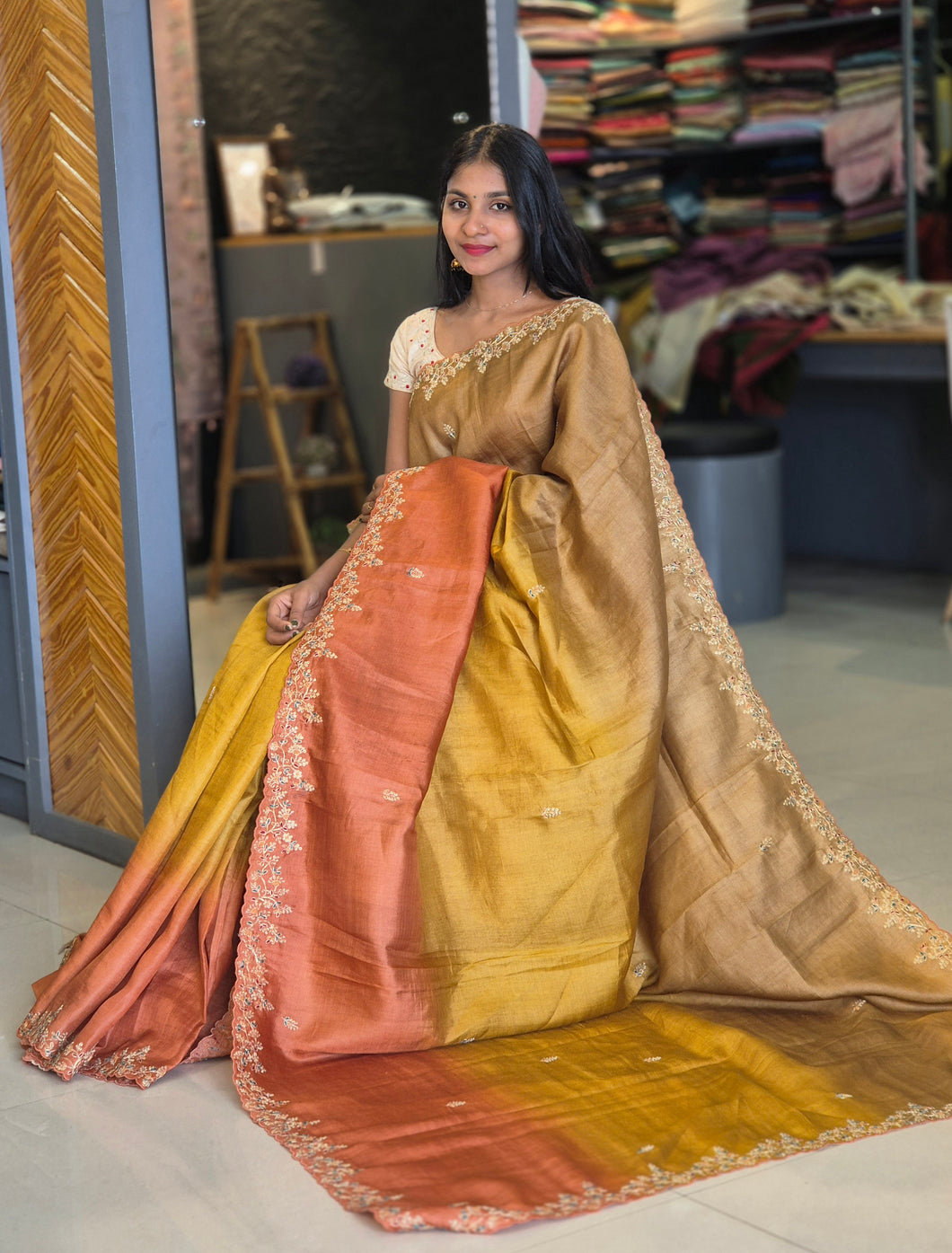 Hand Embroidery Tussar Saree | AHR229