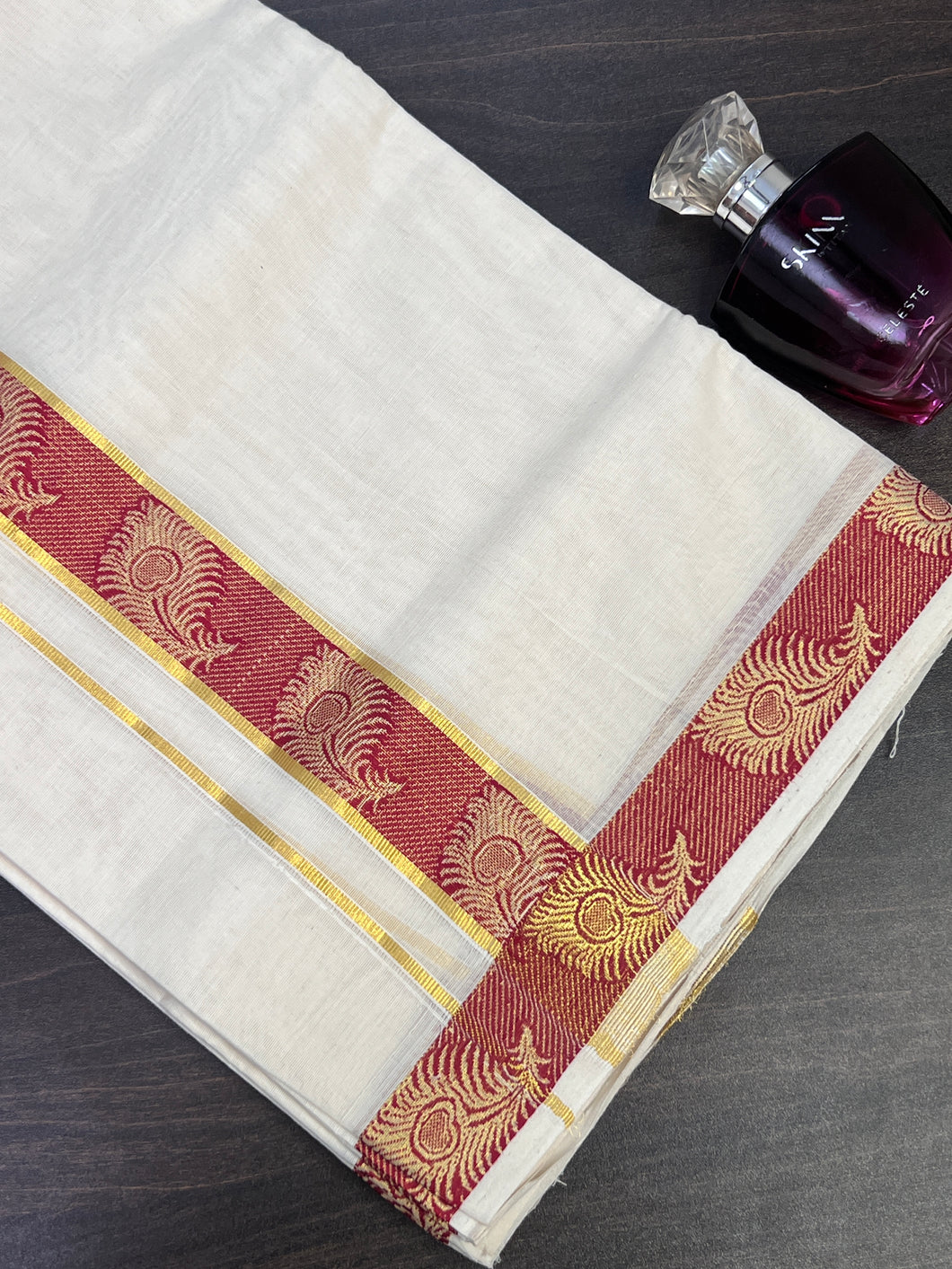 Balaramapuram Handloom  Off White Dhoti With Golden And Red Kasavu Border | KL208