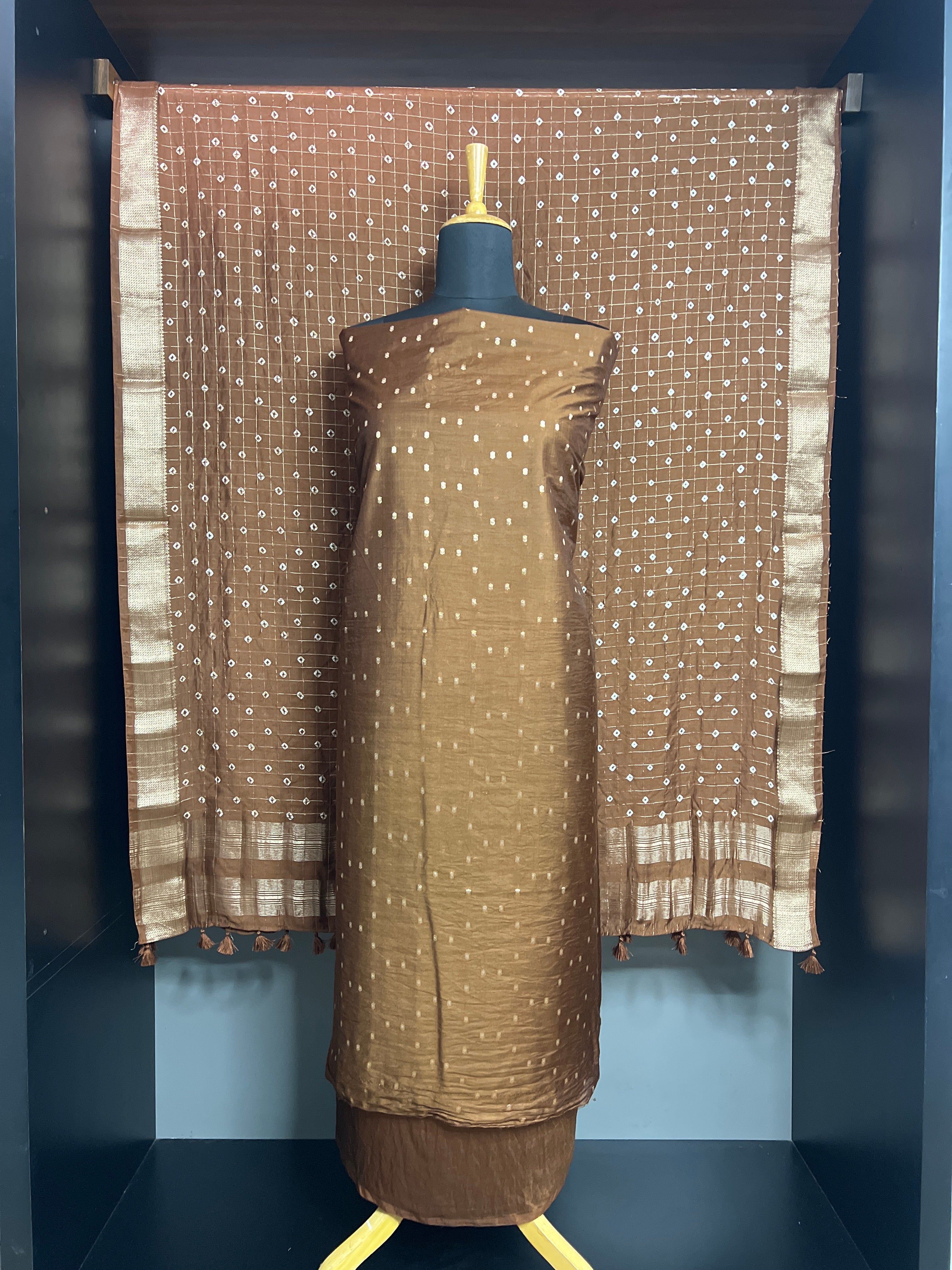 Golden Zari Buta Woven Pattern Semi  Silk  Salwar Set | YNG1589