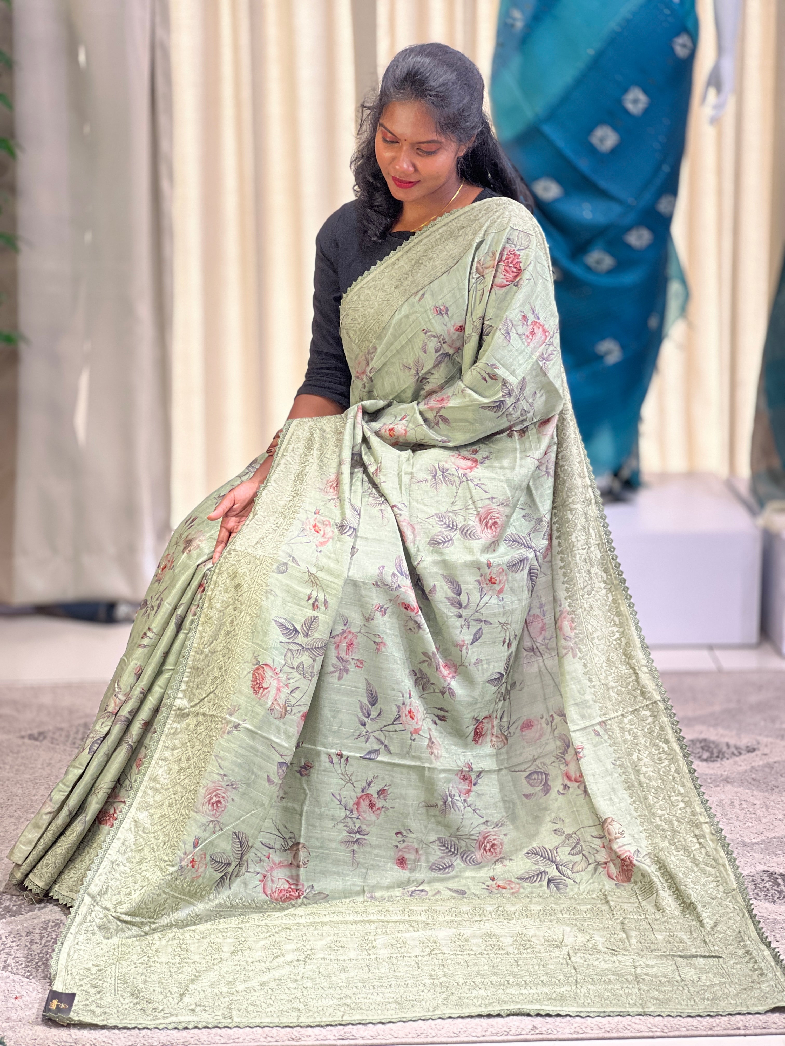 Floral Digital Printed Tussar Finish Saree | SUN303