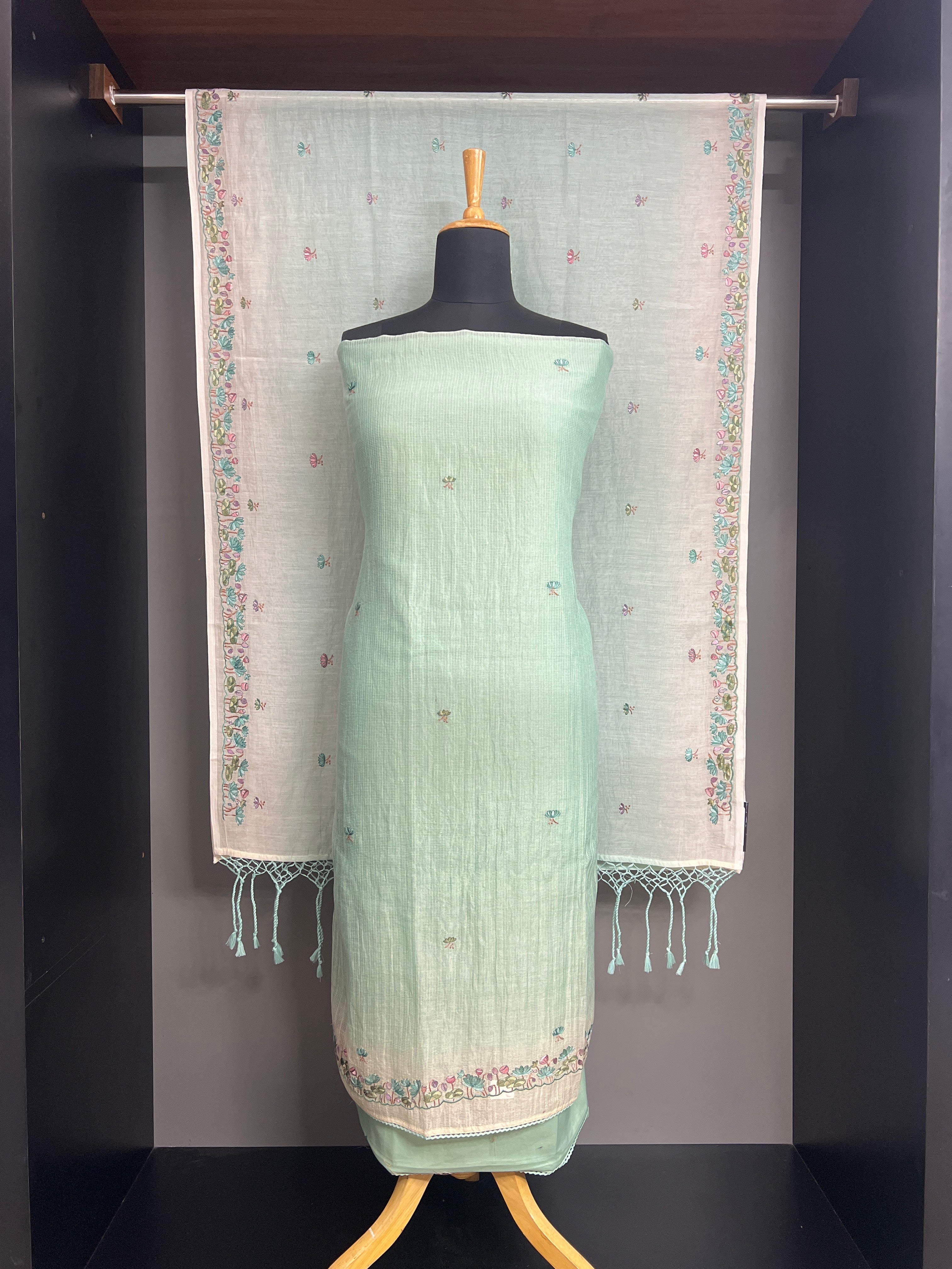 Check Pattern Embroidered Tussar Salwar Set | KMM154