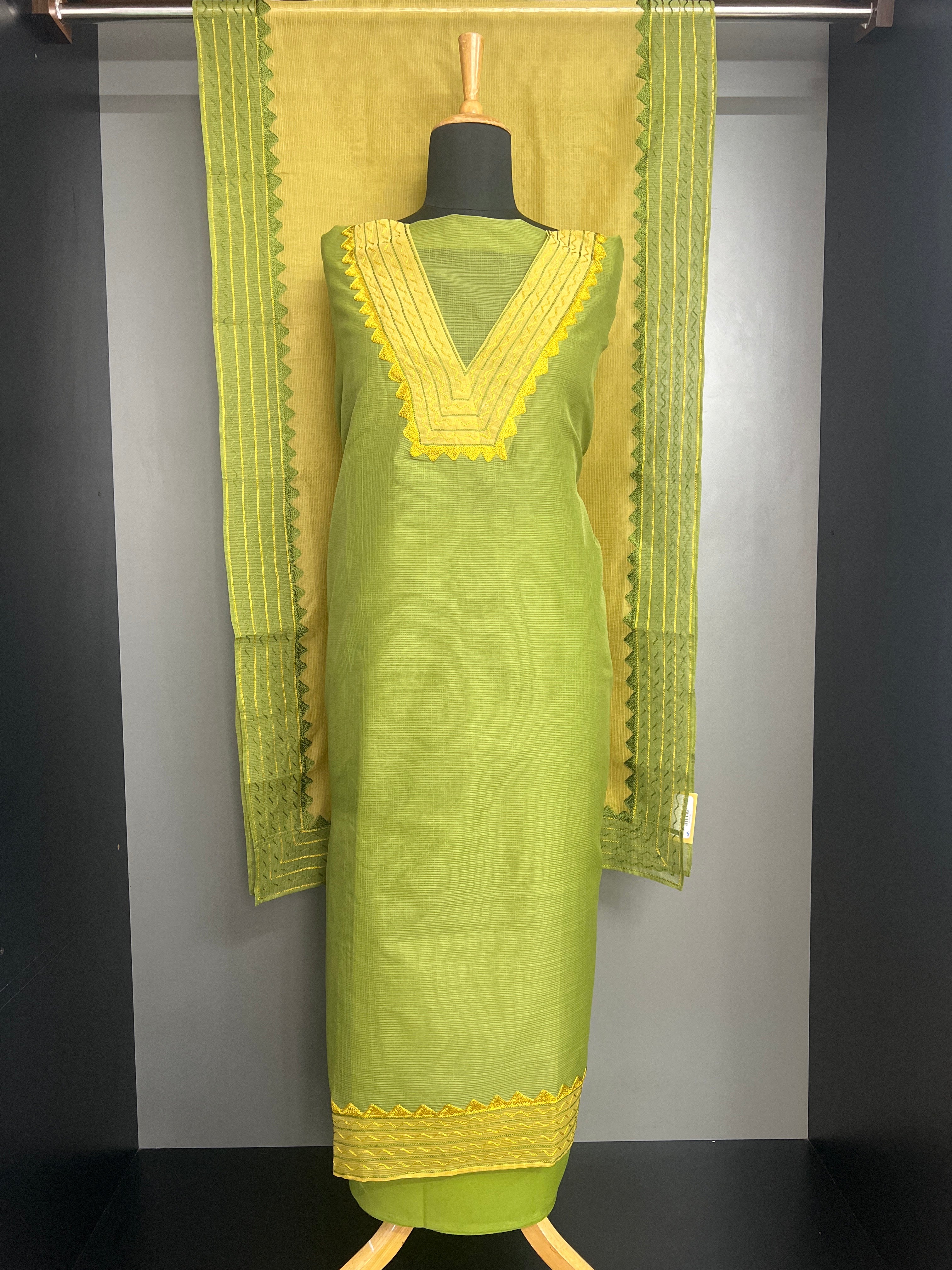 Machine Aari Embroidered Muga Check Organza Salwar Set | JSC685