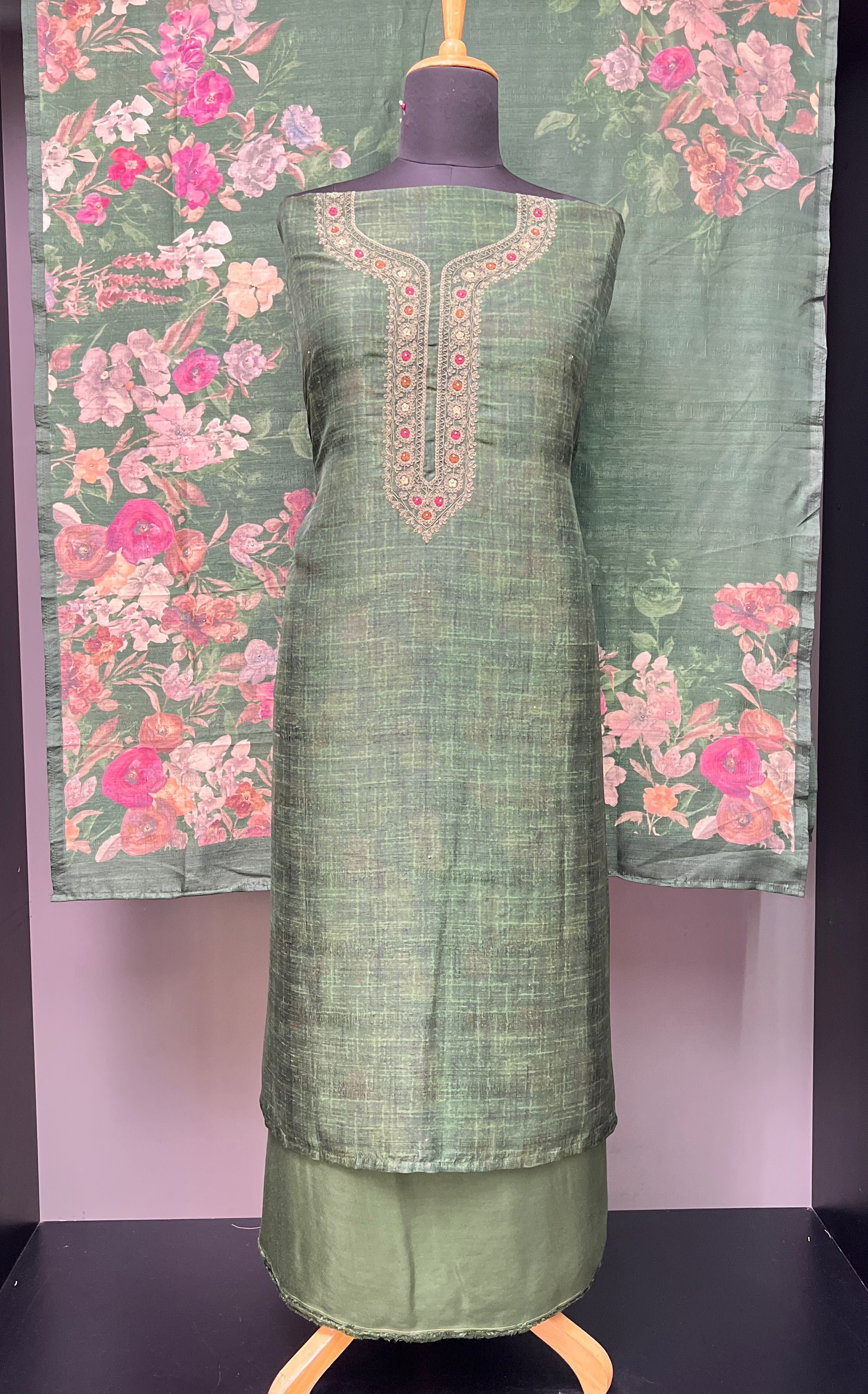 Yoke Embroidery Pattern Tussar Finish Salwar Set | KSD177