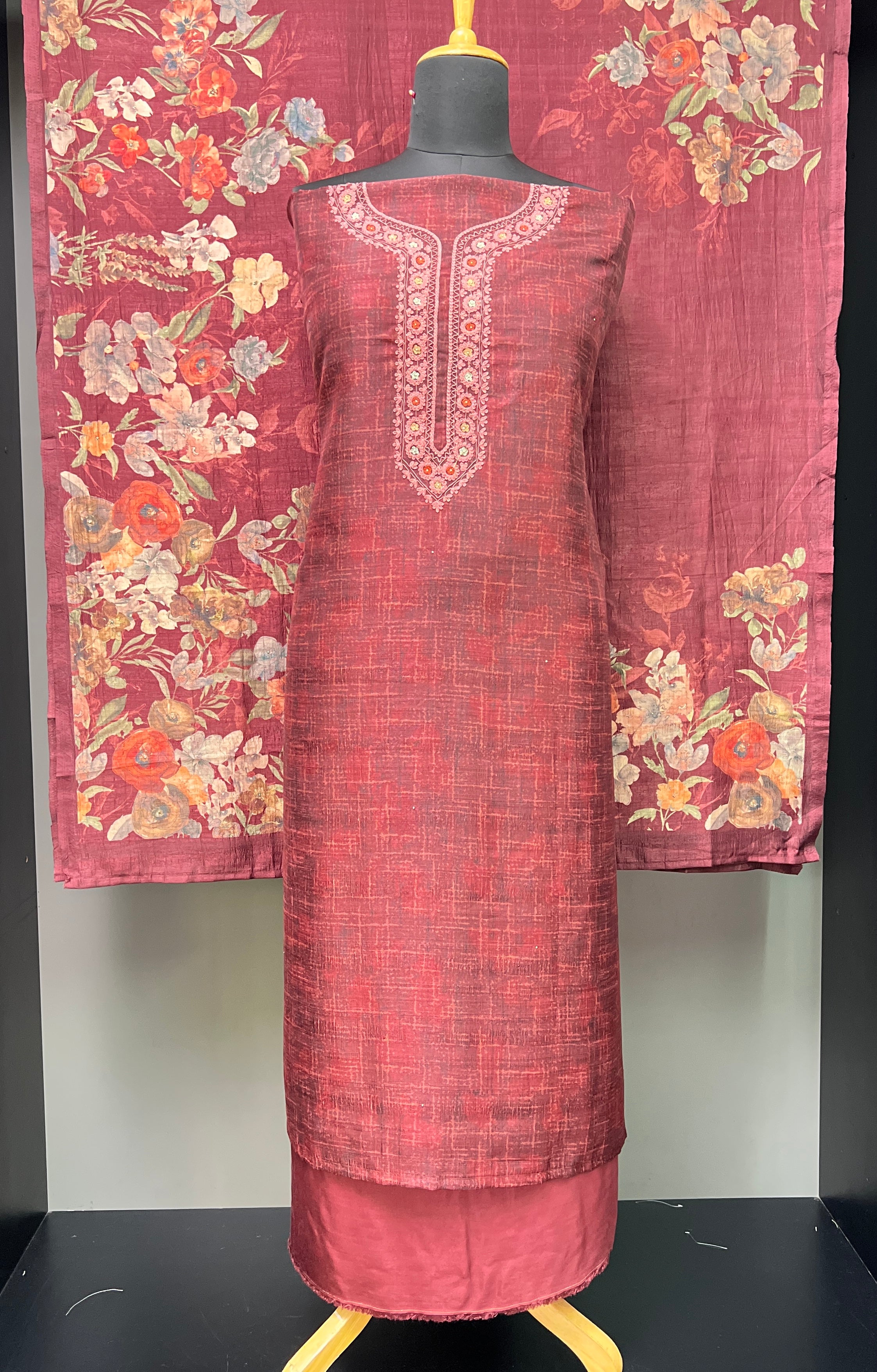 Yoke Embroidery Pattern Tussar Finish Salwar Set | KSD176