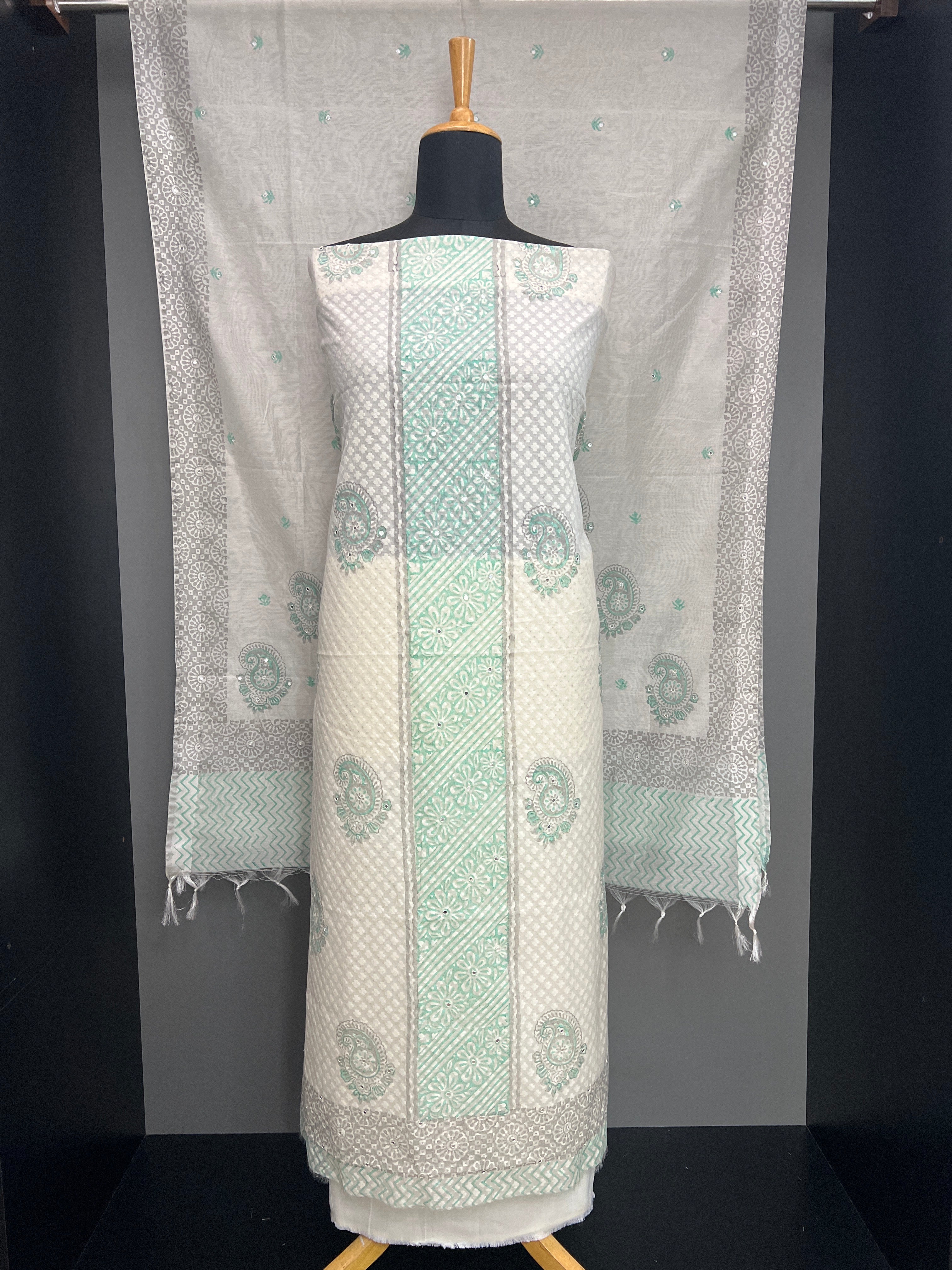 Block Printed Muga Check Organza Salwar Set | ACF140