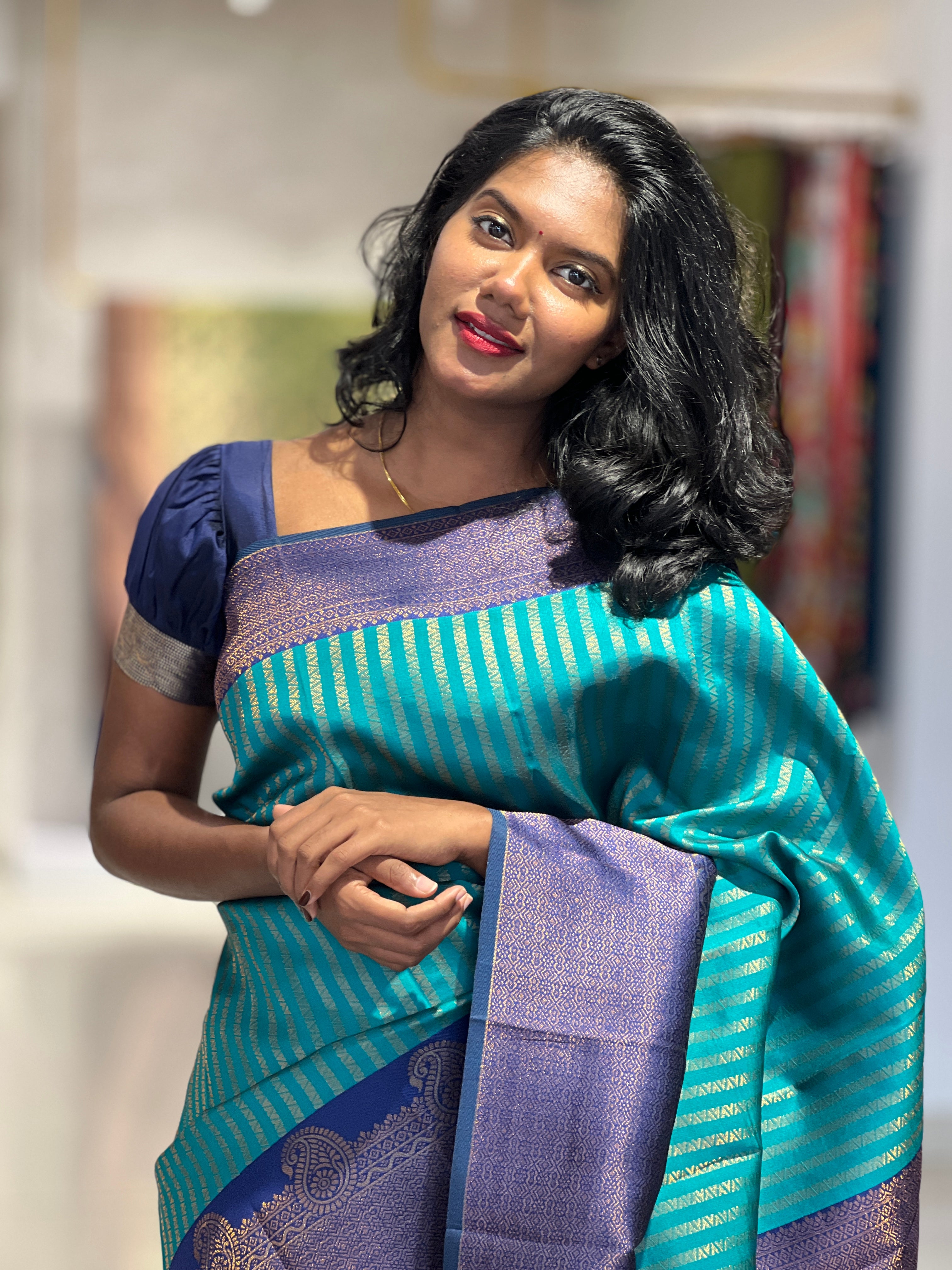 Traditional Zari Woven Stripe Patterned Semi Silk Saree | SRK112