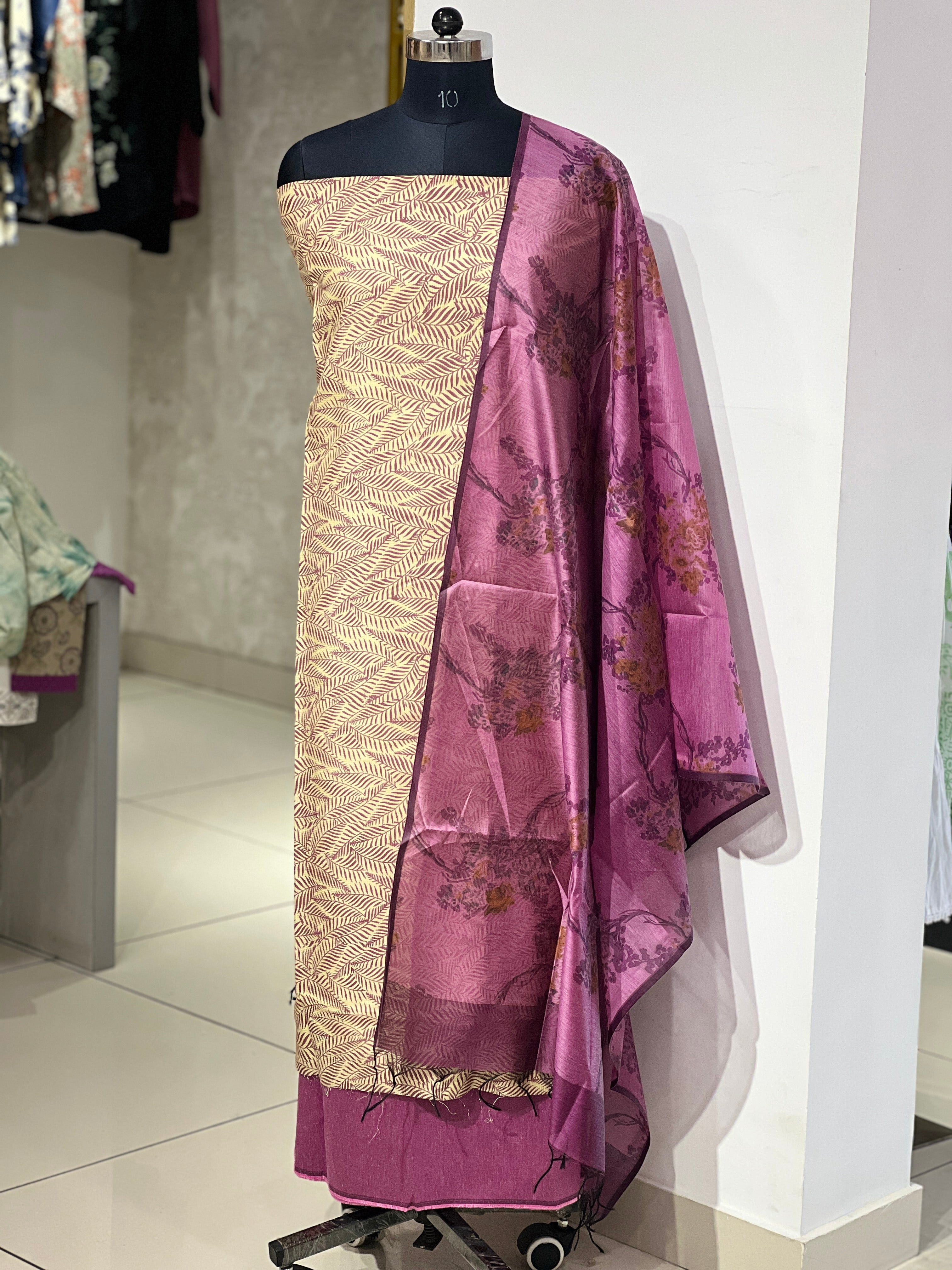 Leaf Print Detailed Semi Tussar Salwar Set | ACT1677