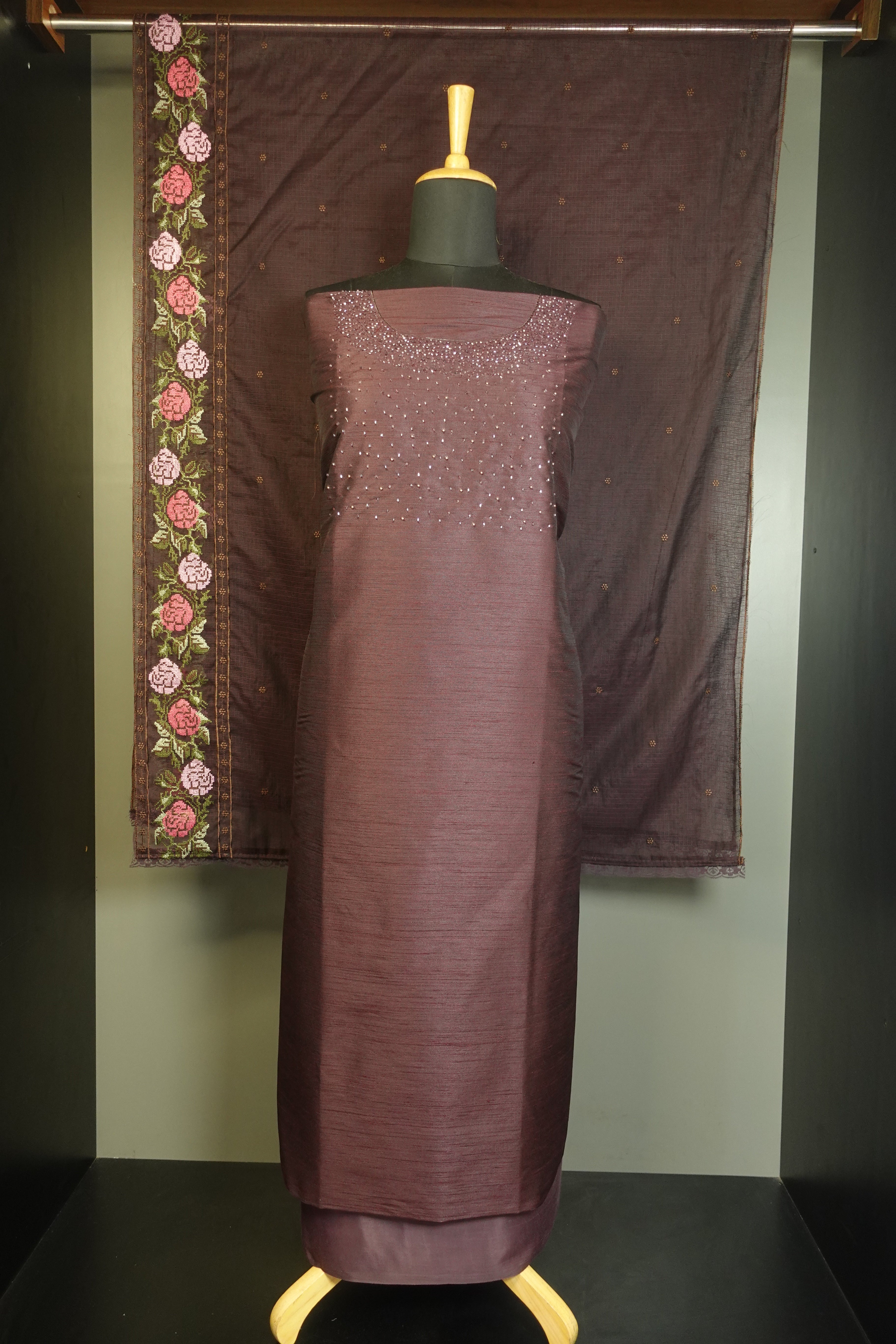 Cut Beads Embroidered Tussar Finish Salwar Set | PFS198