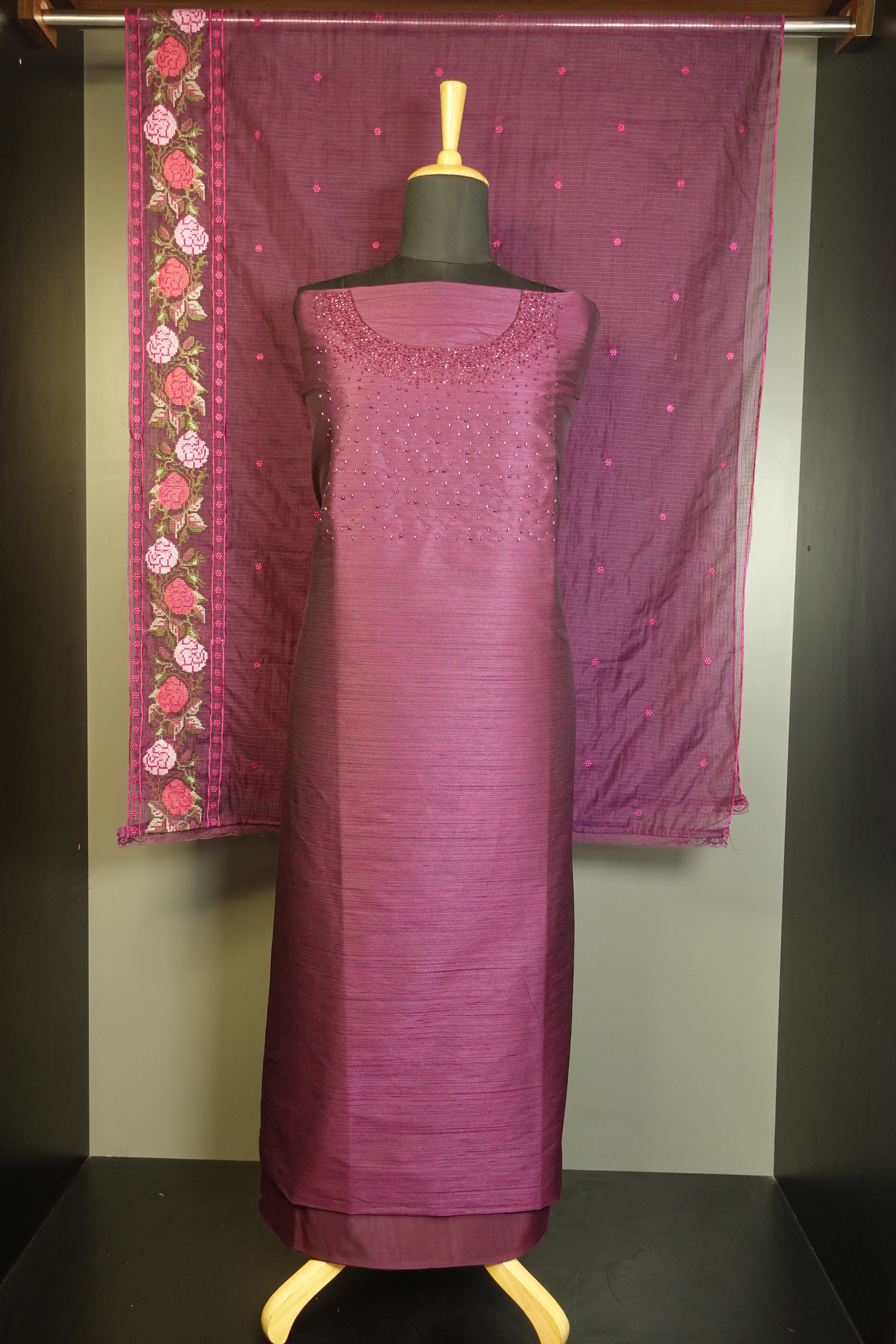 Cut Beads Embroidered Tussar Finish Salwar Set | PFS198