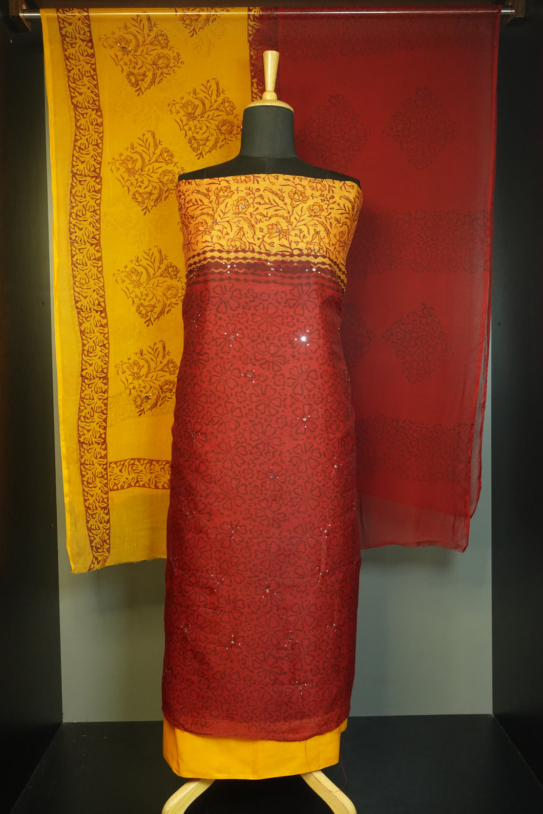 Red & Yellow Supernet Kota Salwar Set | PFS233