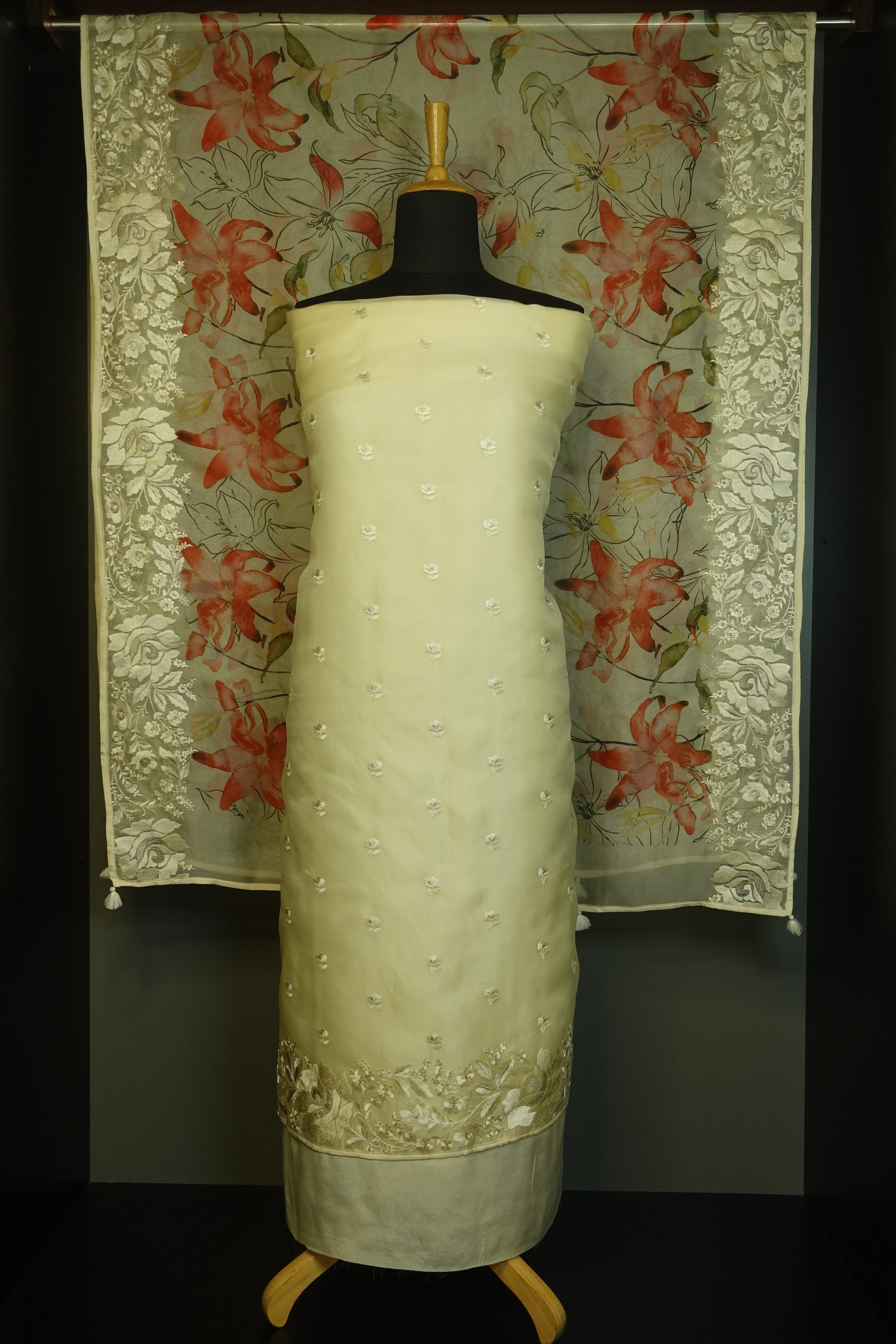 Floral Embroidery Tussar Silk Organza Salwar Set | LV139