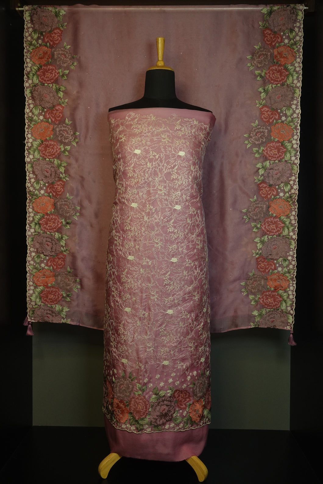 Floral Jaal Emboridery Tussar Organza Salwar Set |  LV112