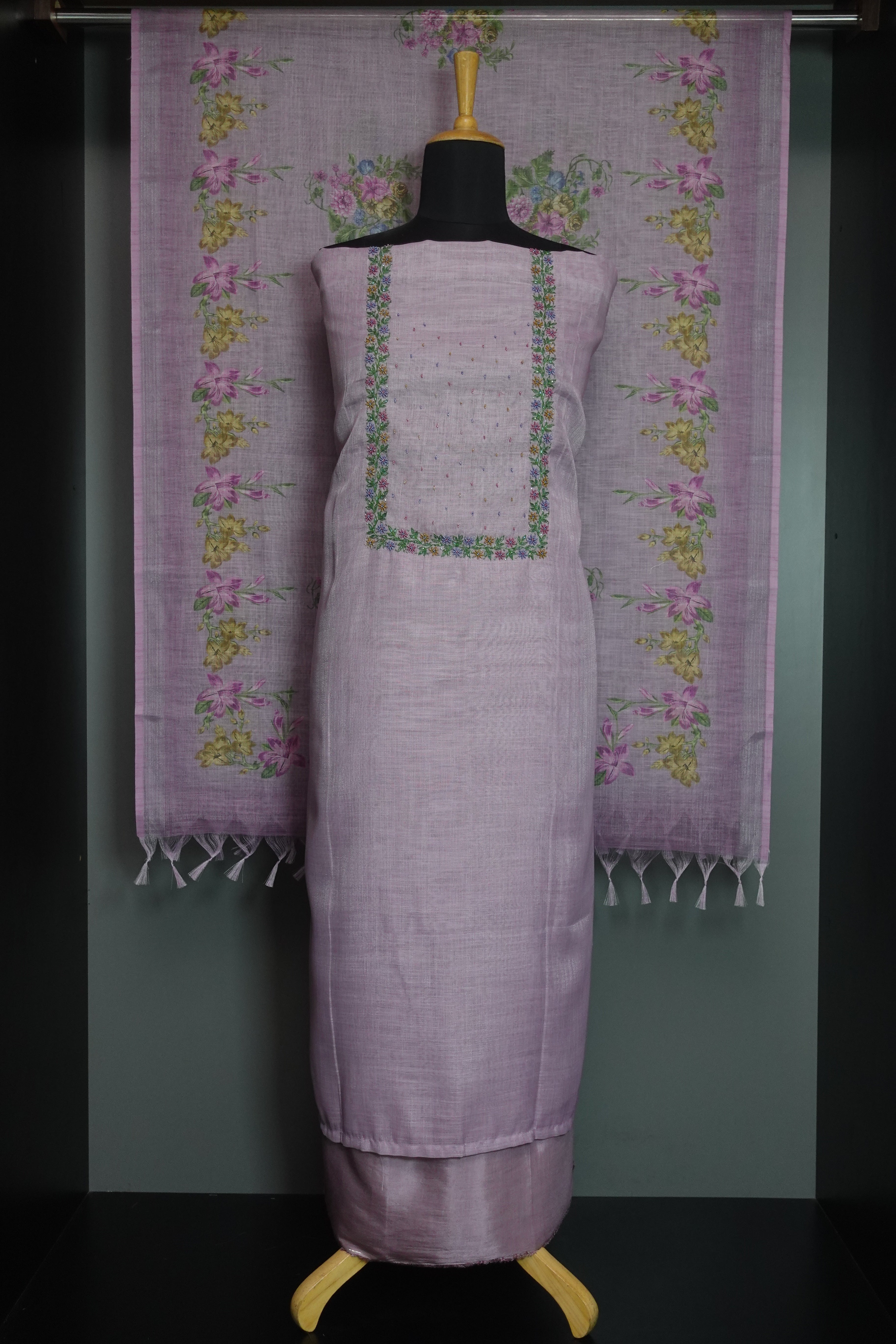 Yoke Embroidery Design Sliver Tissue Salwar Set | KSD145