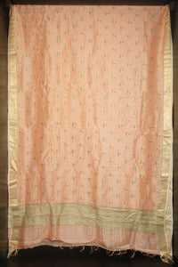 Peach Colored Hand Embroidered Silk Linen Saree | AH705