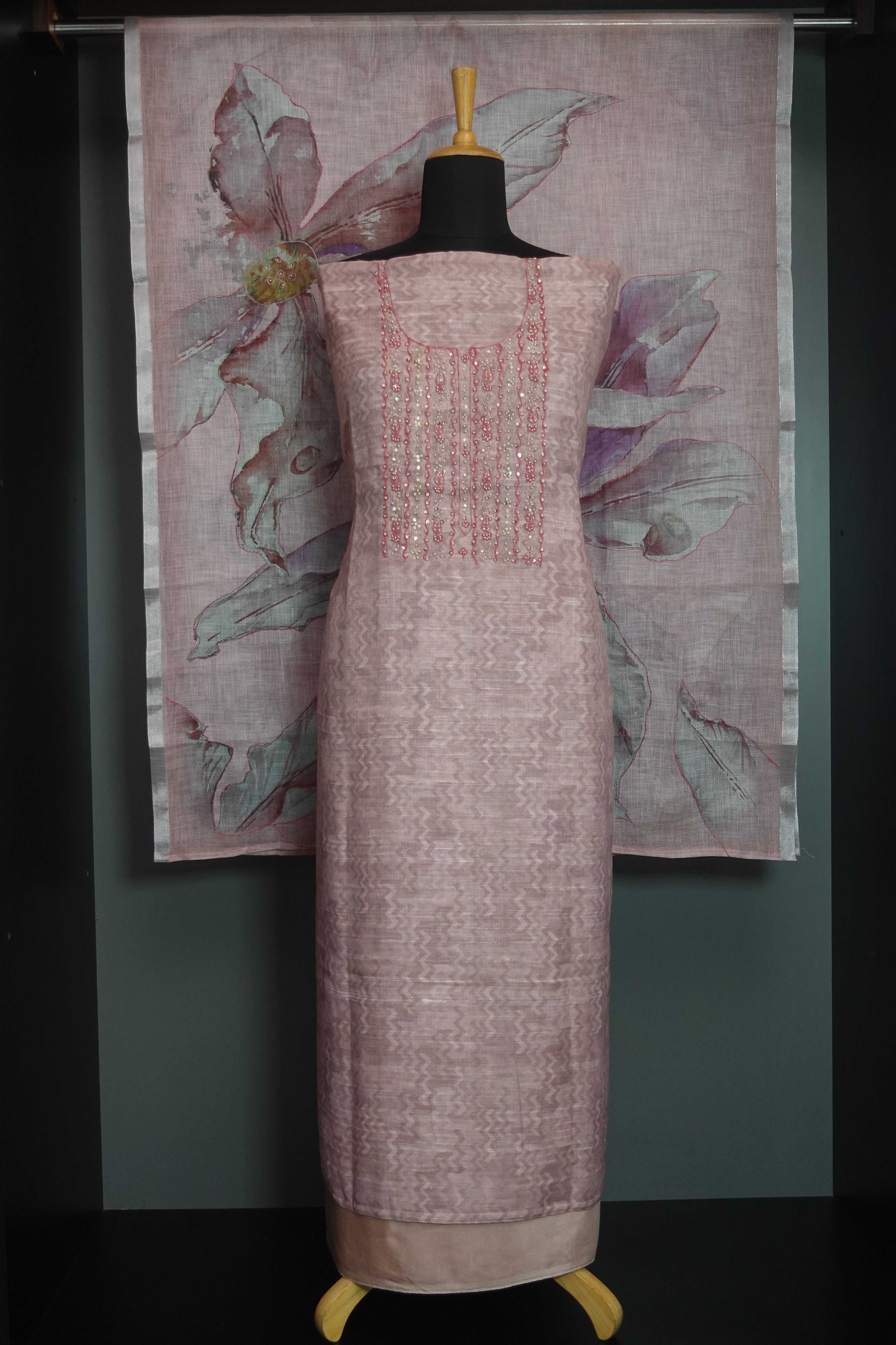 Yoke Embroidery Linen Salwar Set | KTF138