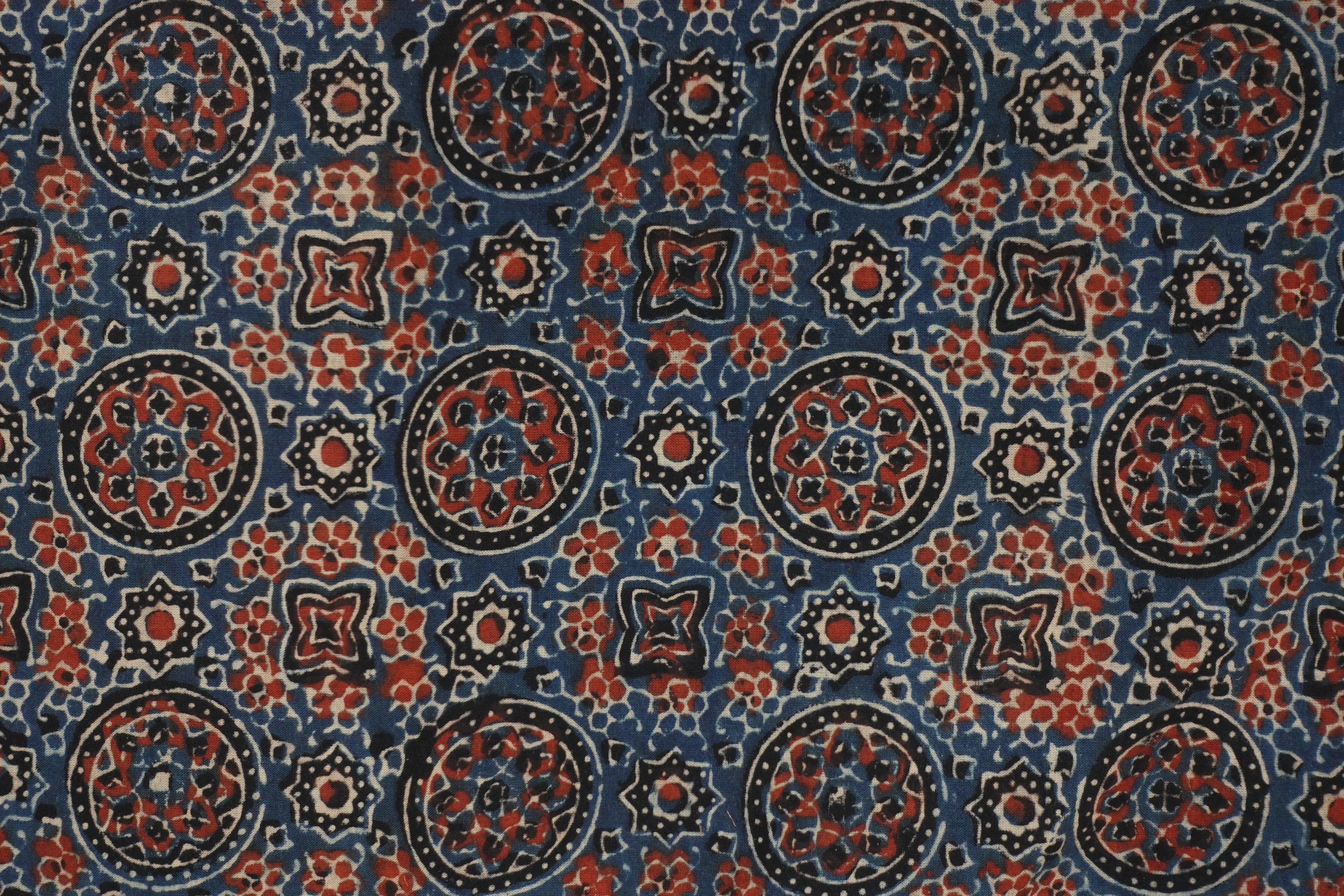 Floral Pattern Hand Block Ajrak Natural Dyed Cotton Kurta Material | KA258