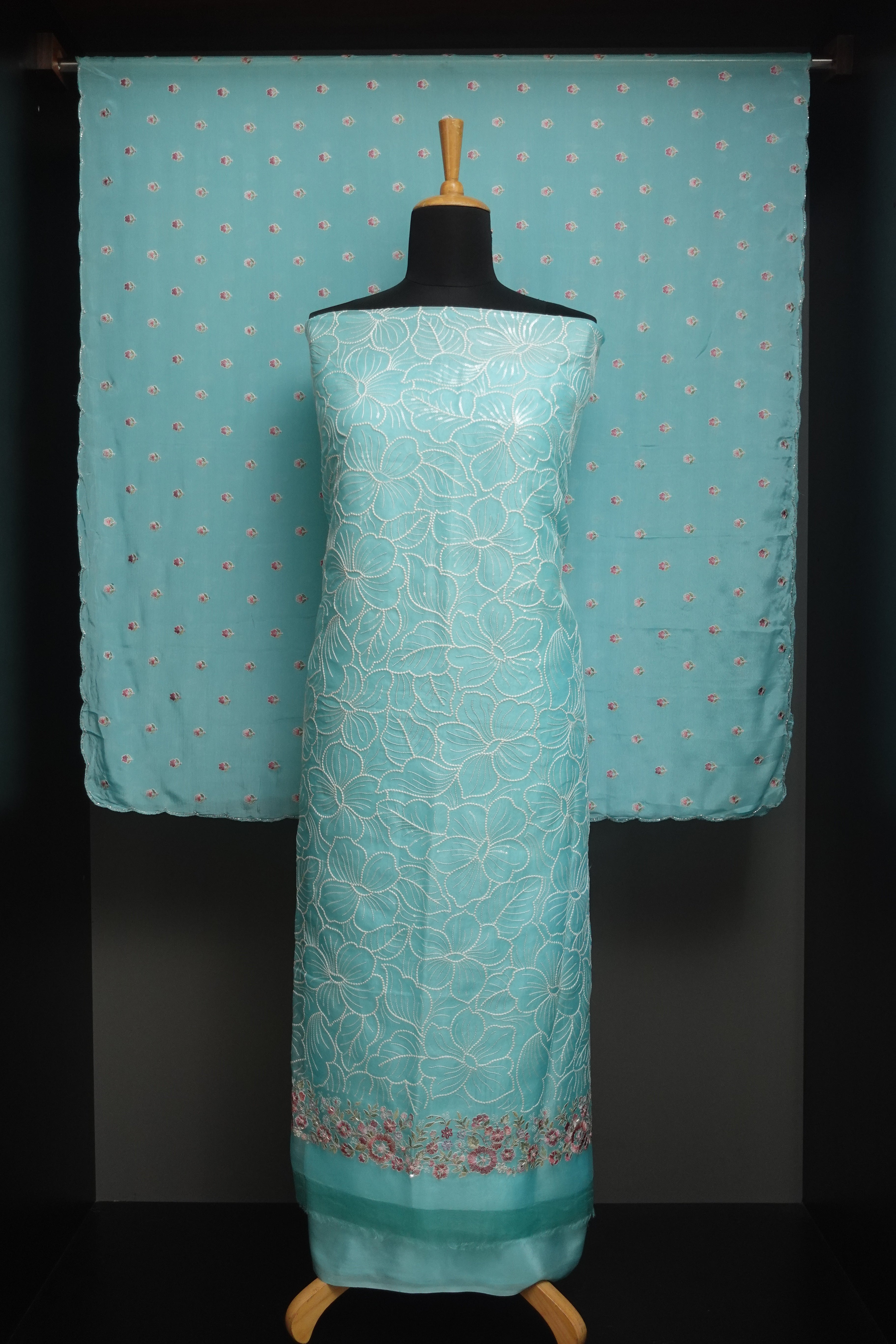 Floral Embroidery Tussar Organza Salwar Set | SBS924