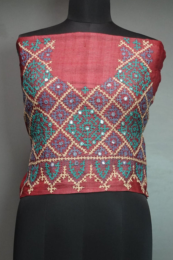 Hand Kutch Embroidered Desi Tussar Blouse Material | SBS965