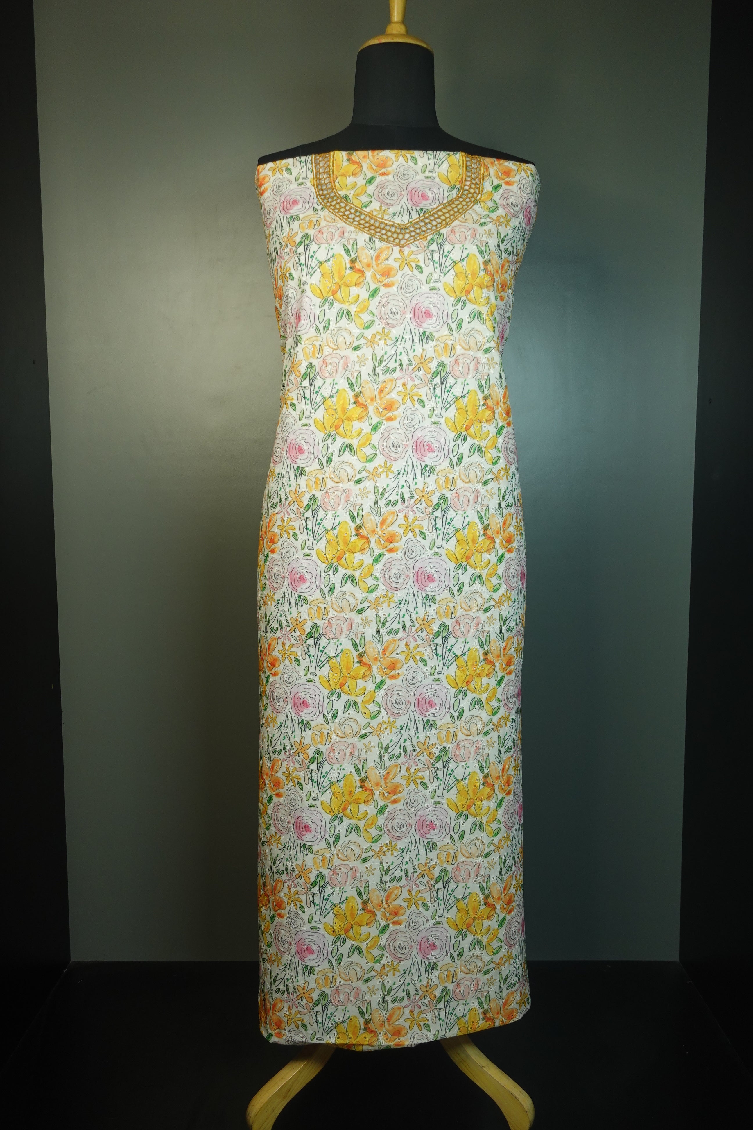Floral Digital Printed Twine Cutwork Kurta Material | TC234
