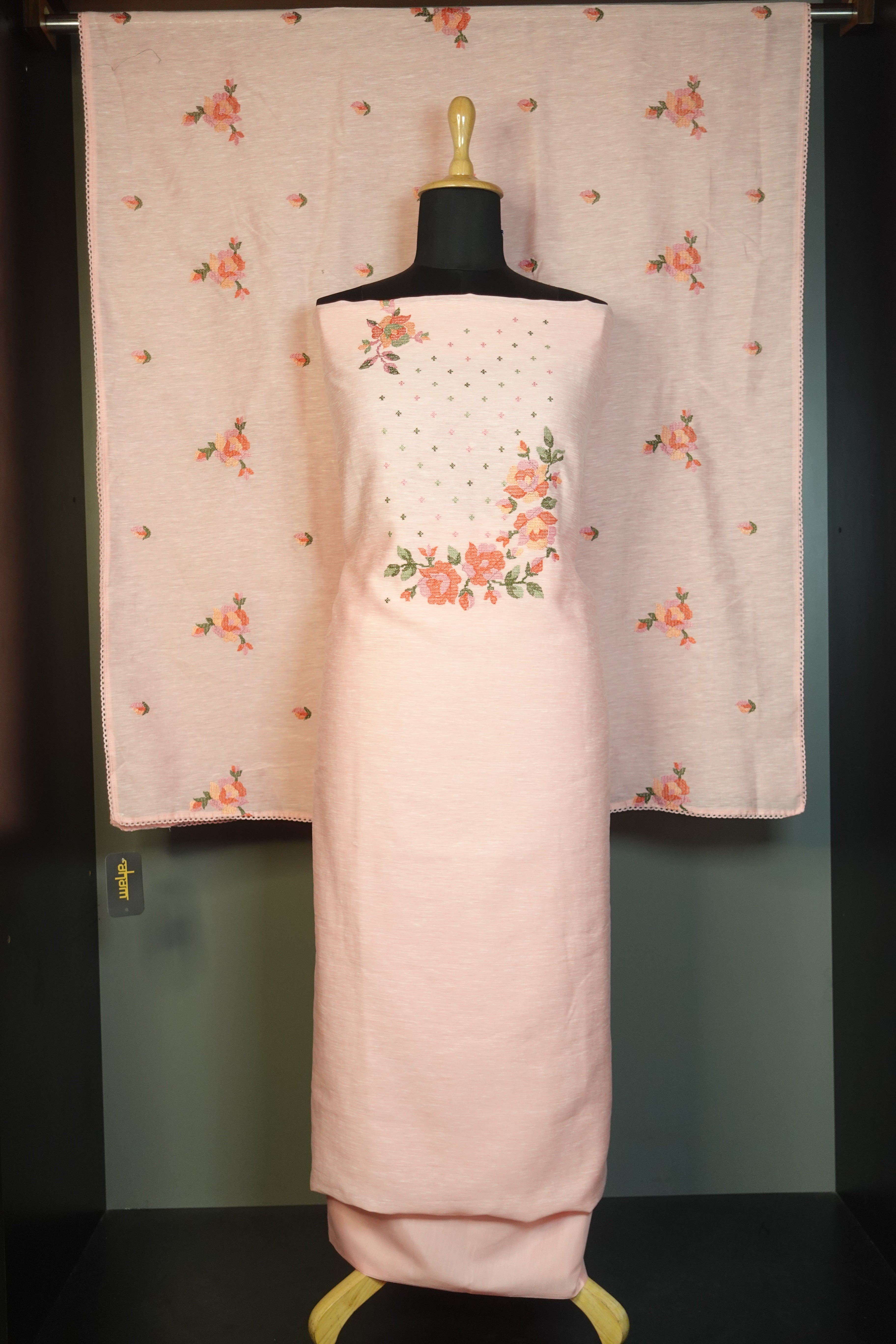 Computerized Floral Cross Stitch Embroidery Design Silk linen Salwar Set | SW1505