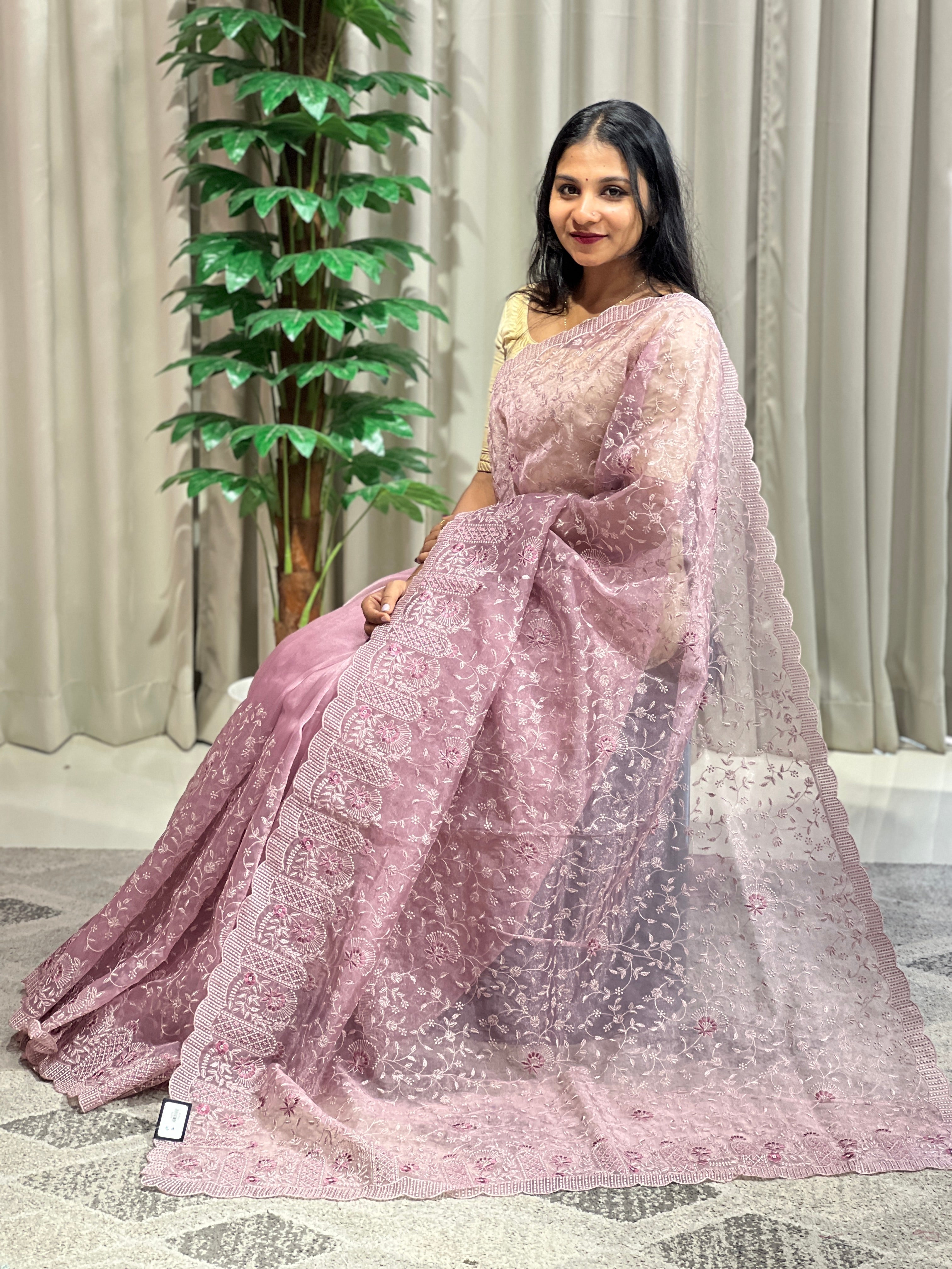 Floral Jaal Embroidery Tissue Organza Saree | BLD1074