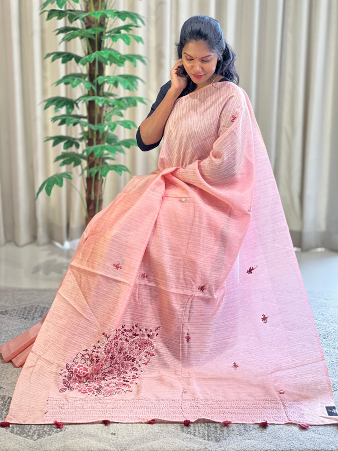 Floral & Paisley Hand Embroidery Detailed Green Silk Saree | BLD1240
