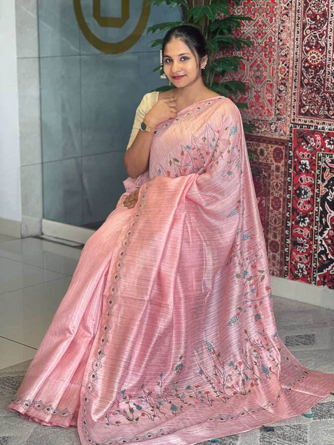 Hand Embroidery Floral Patterned Green Silk Saree | BLD1256