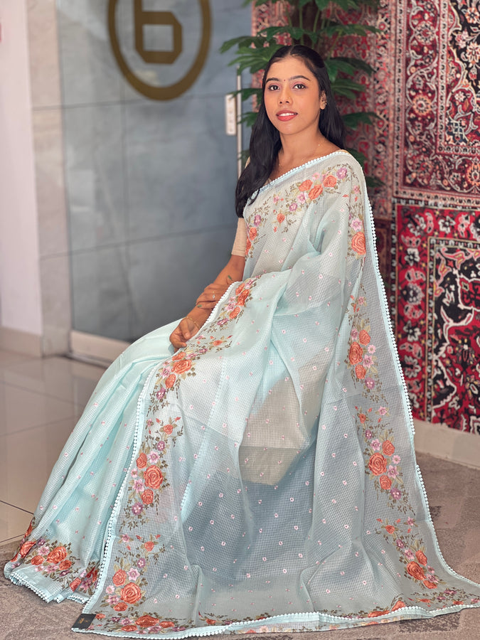 Multi-Color Floral Embroidered Silky Kota Saree | BLD1295