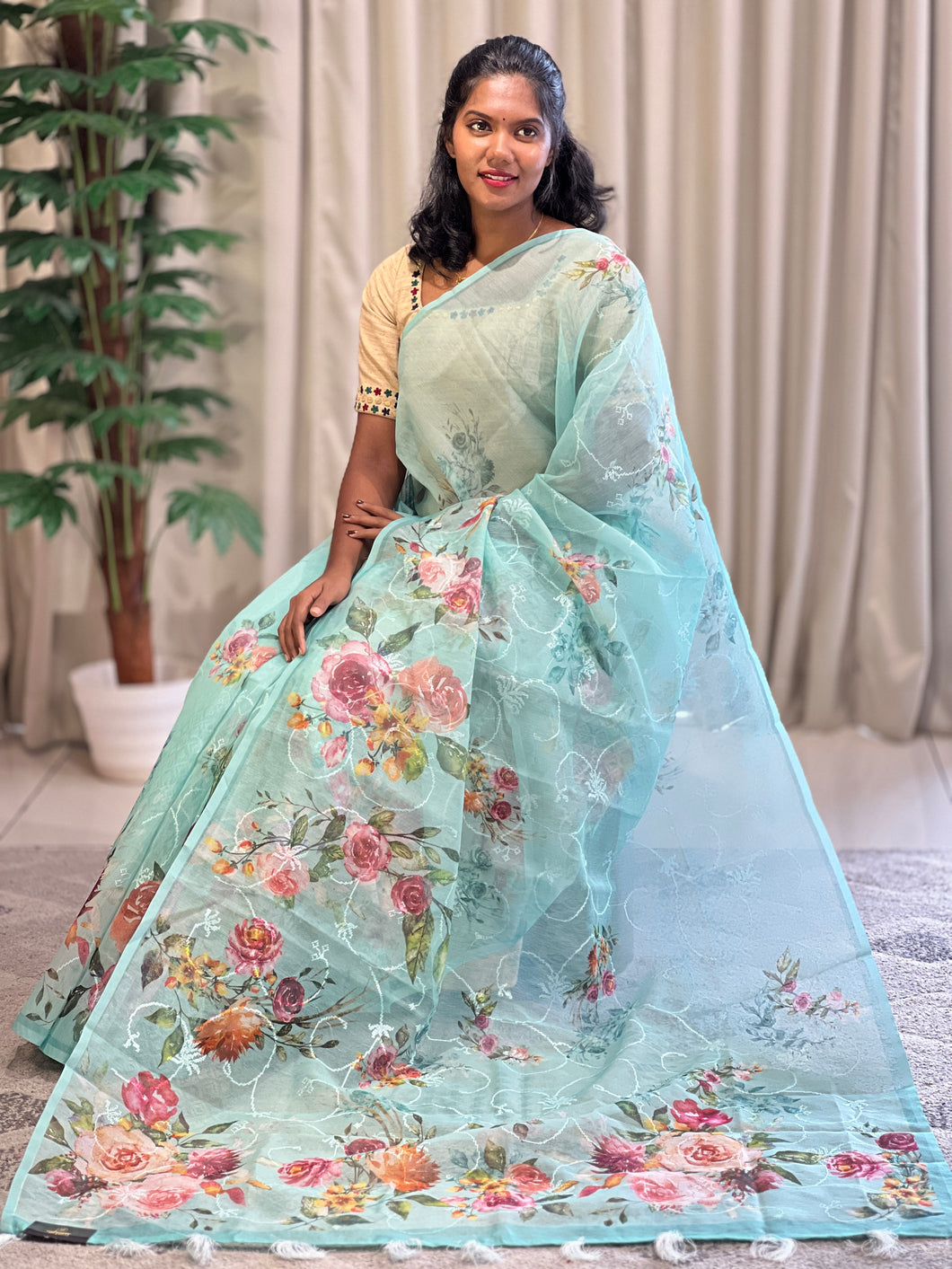 Digital Print With Embroidery Detailed Supernet Kota Saree | BLD1313
