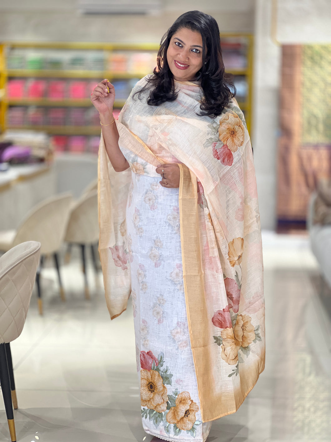 Floral Digital Print With Embroidery Highlighted Linen Salwar Set | BLD1439
