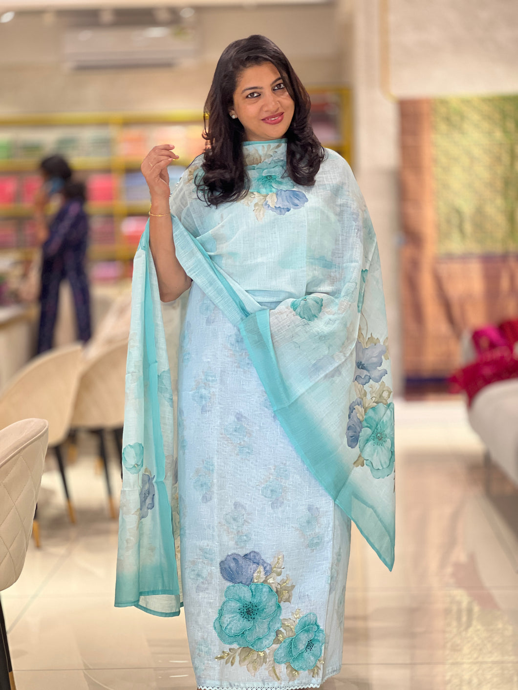 Floral Digital Print With Embroidery Highlighted Linen Salwar Set | BLD1440