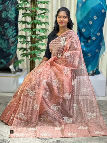 Floral Cross Stitch Embroidery Detailed Shimmer Organza Saree | BLD1458