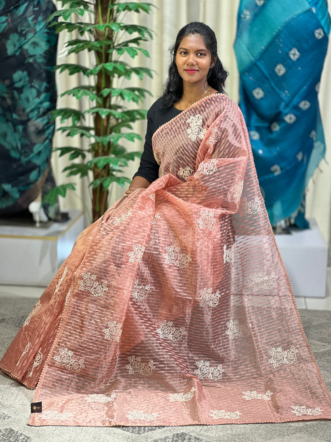 Floral Cross Stitch Embroidery Detailed Shimmer Organza Saree | BLD1458