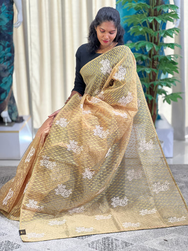 Floral Cross Stitch Embroidery Detailed Shimmer Organza Saree | BLD1459