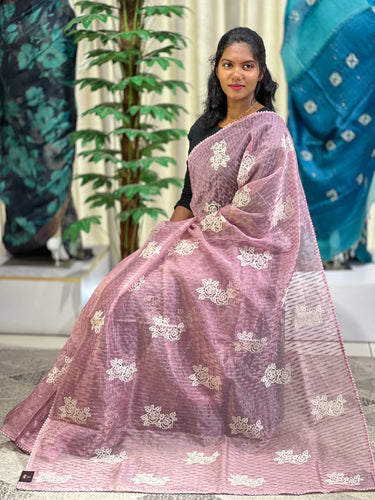 Floral Cross Stitch Embroidery Detailed Shimmer Organza Saree | BLD1460