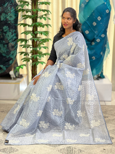 Floral Cross Stitch Embroidery Detailed Shimmer Organza Saree | BLD1461