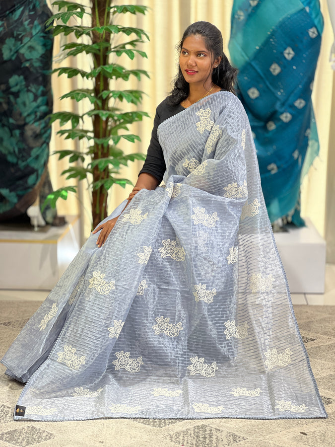 Floral Cross Stitch Embroidery Detailed Shimmer Organza Saree | BLD1461