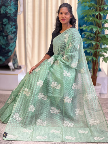 Floral Cross Stitch Embroidery Detailed Shimmer Organza Saree | BLD1462